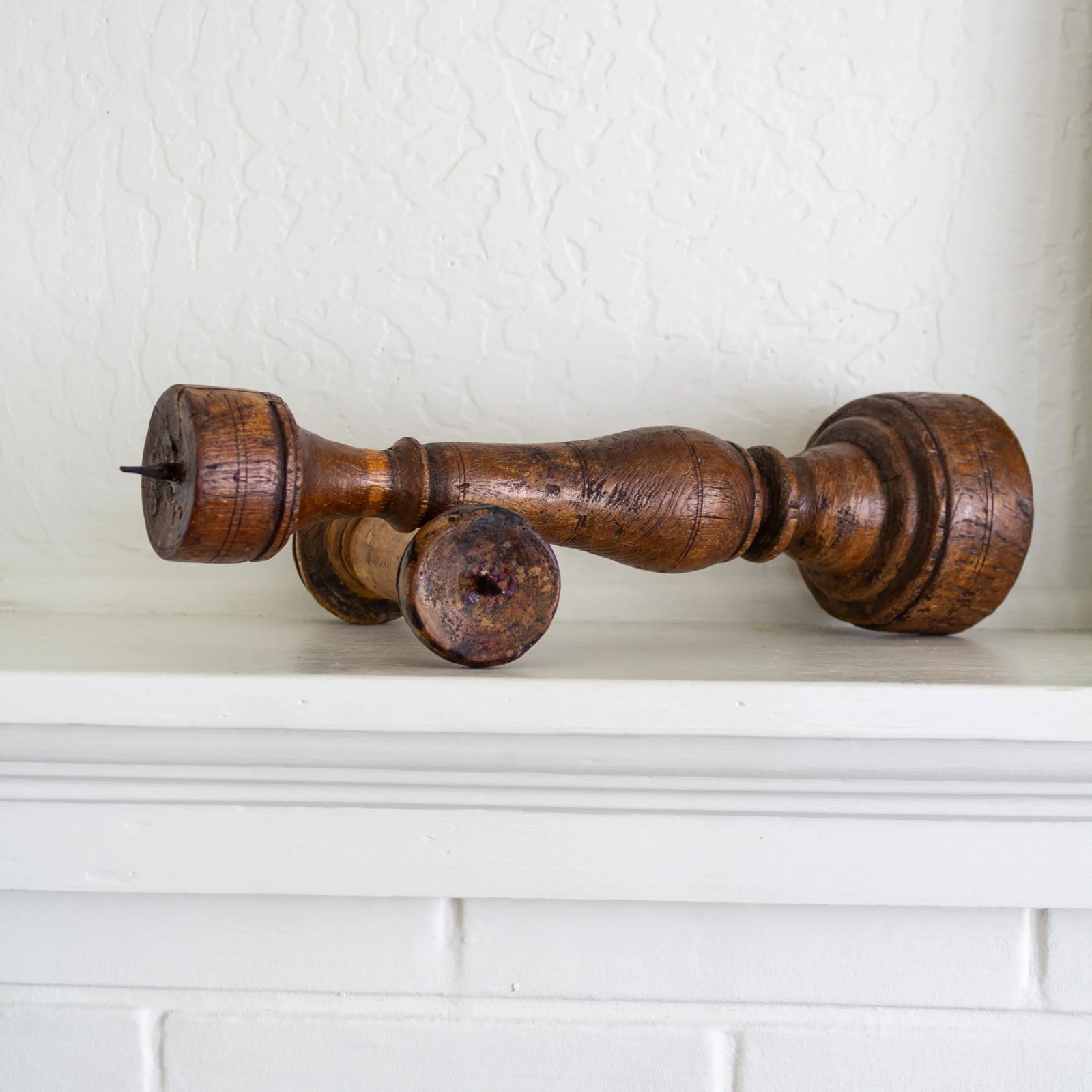 Antique Rustic Wooden Candle Pricks Candlesticks | Pair of Two - 12
