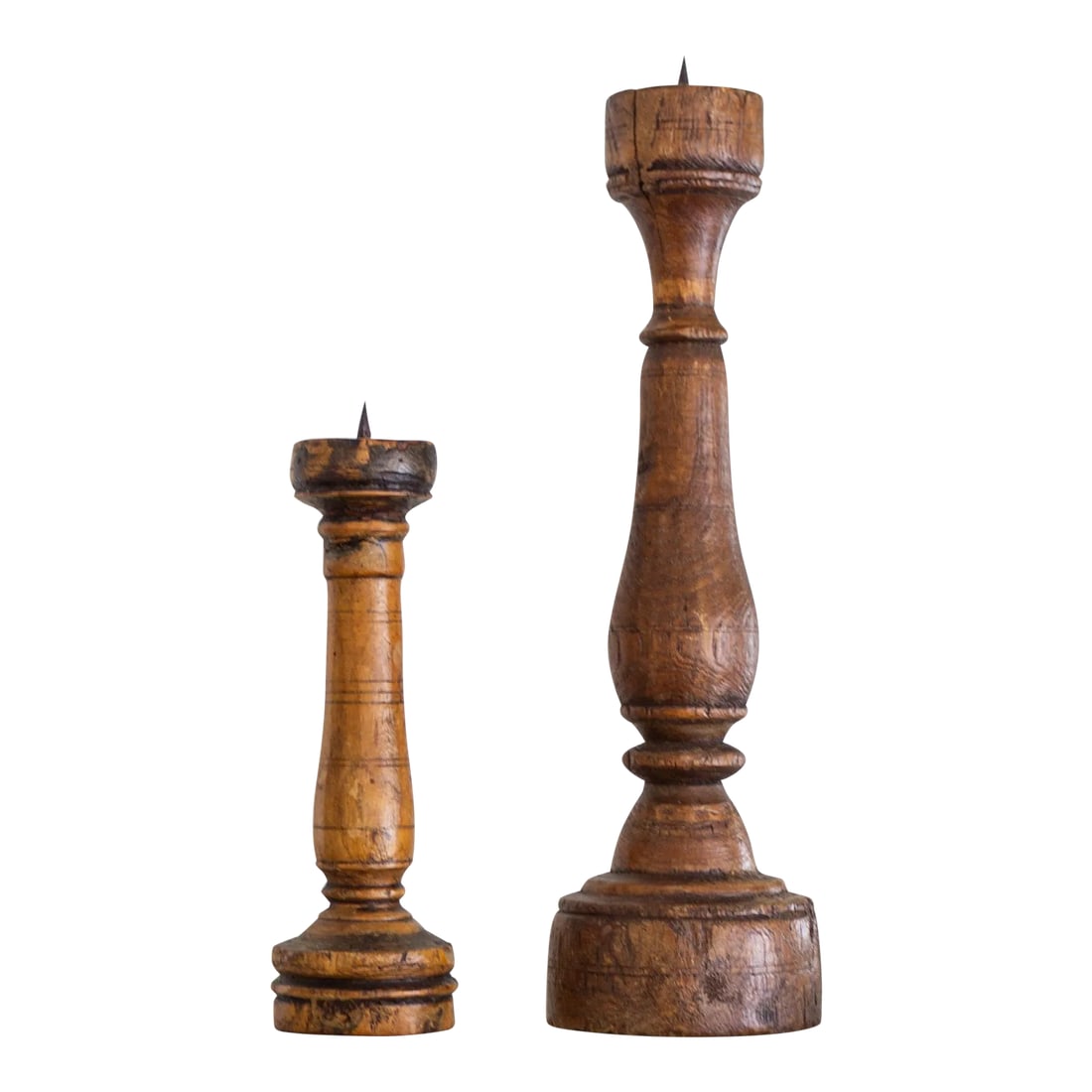 Antique Rustic Wooden Candle Pricks Candlesticks | Pair of Two