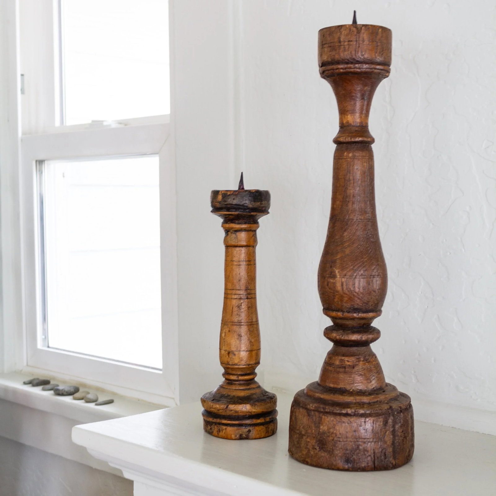 Antique Rustic Wooden Candle Pricks Candlesticks | Pair of Two - 2