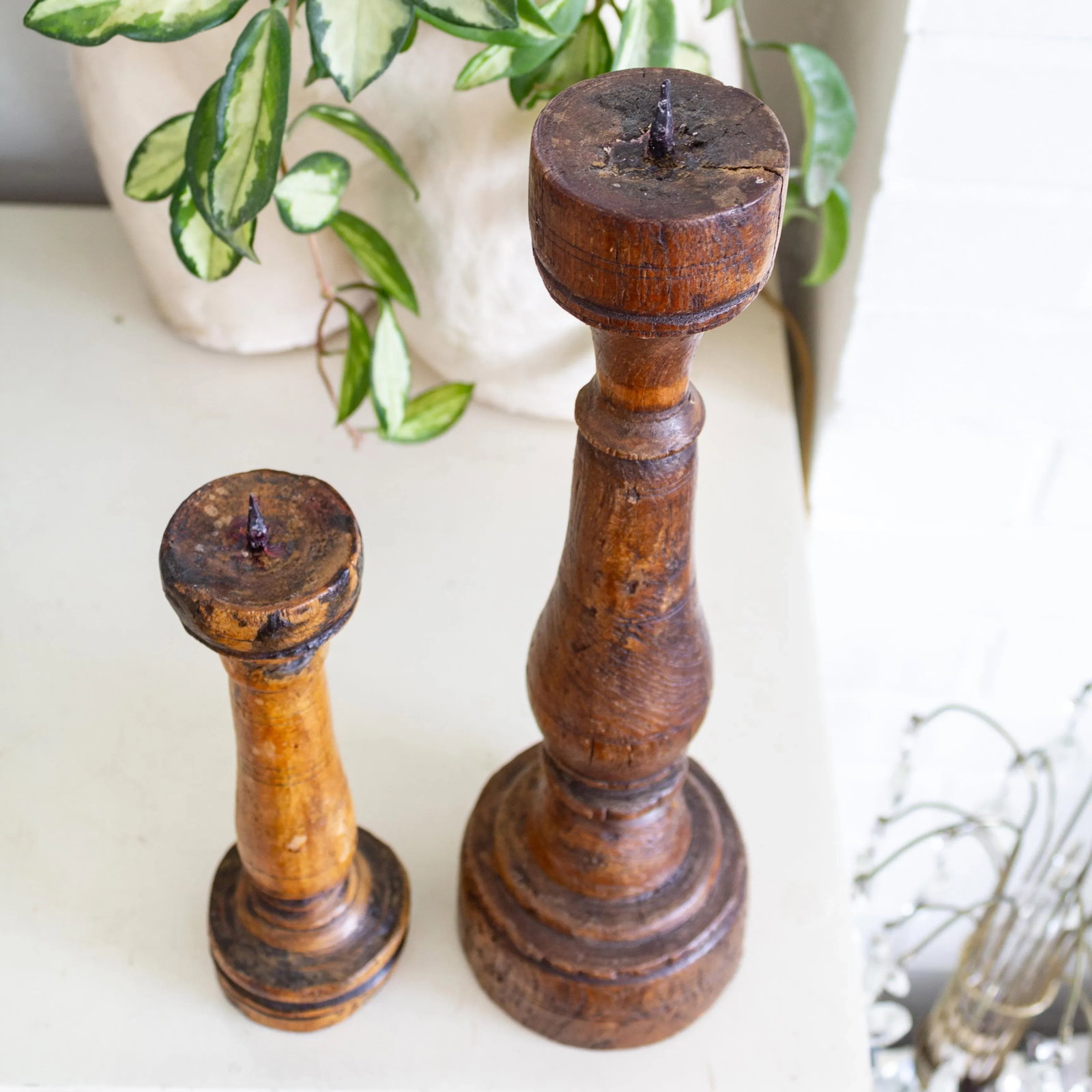 Antique Rustic Wooden Candle Pricks Candlesticks | Pair of Two - 3