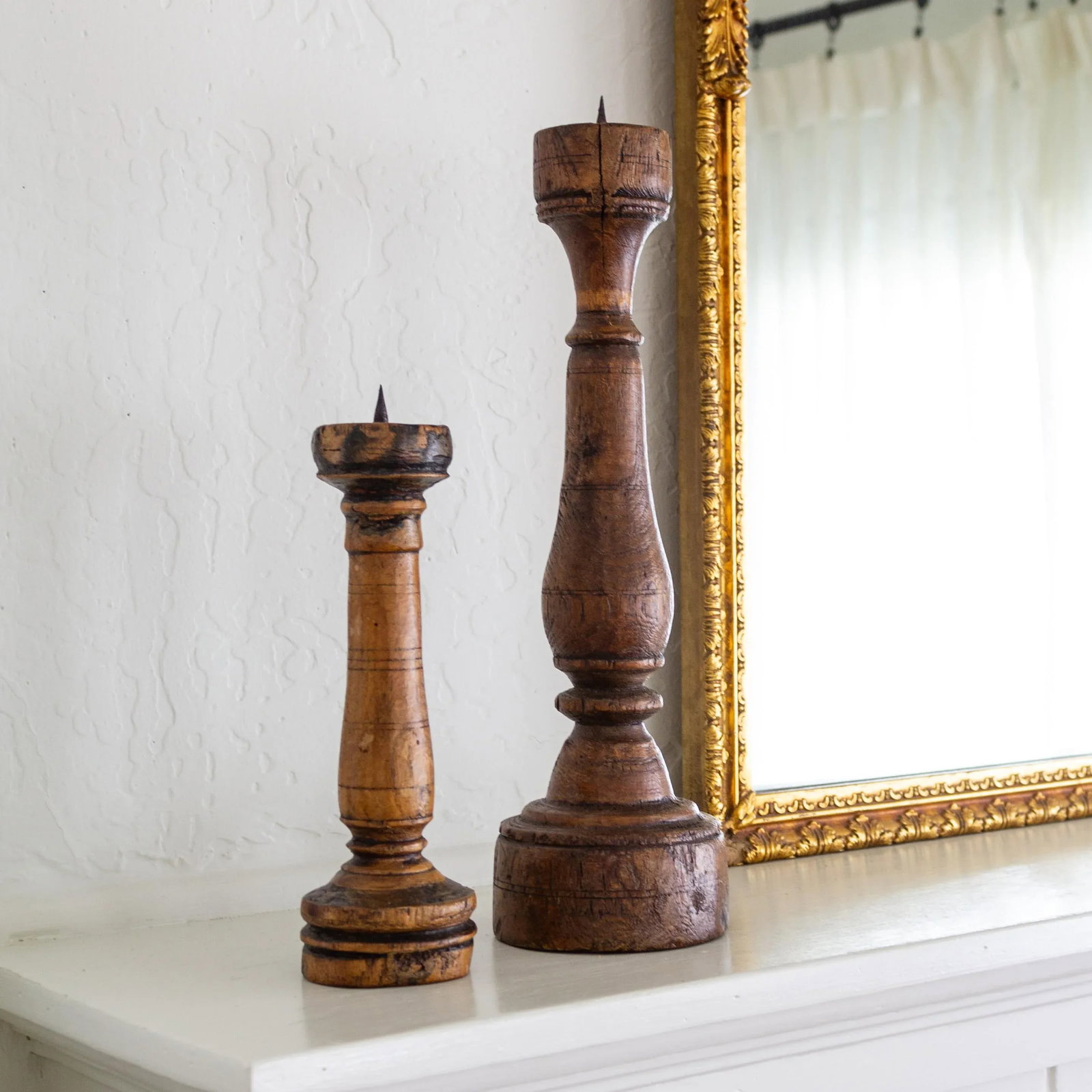 Antique Rustic Wooden Candle Pricks Candlesticks | Pair of Two - 4