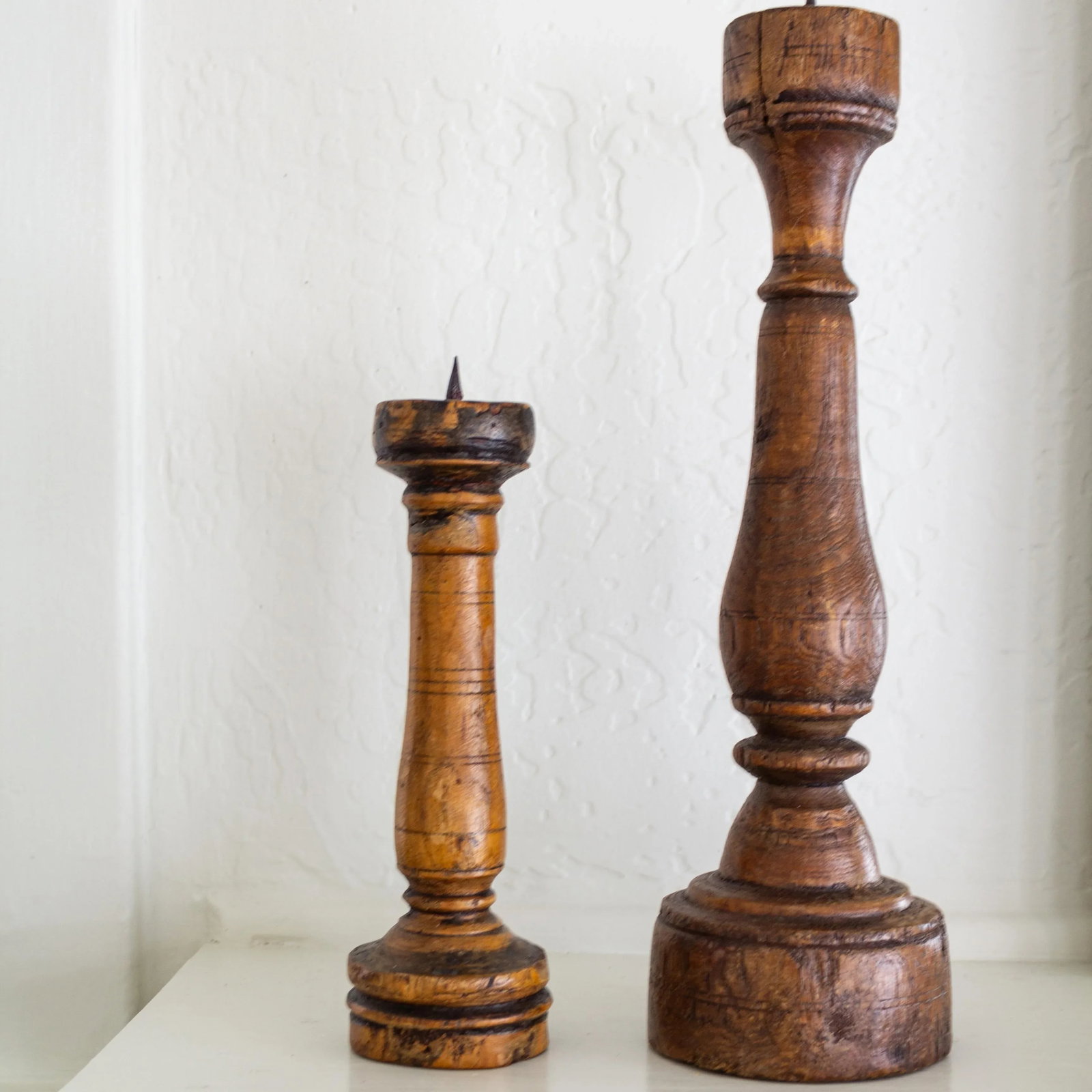 Antique Rustic Wooden Candle Pricks Candlesticks | Pair of Two - 5