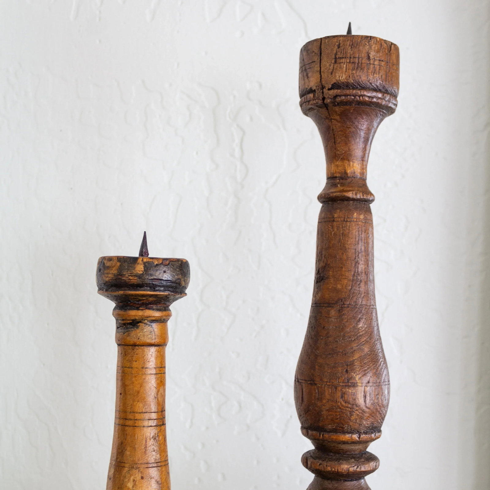 Antique Rustic Wooden Candle Pricks Candlesticks | Pair of Two - 7