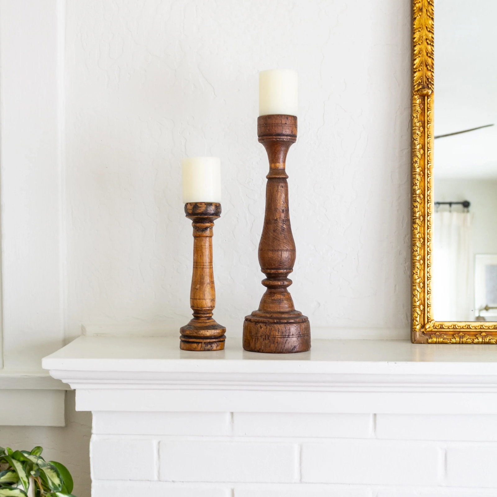 Antique Rustic Wooden Candle Pricks Candlesticks | Pair of Two - 8