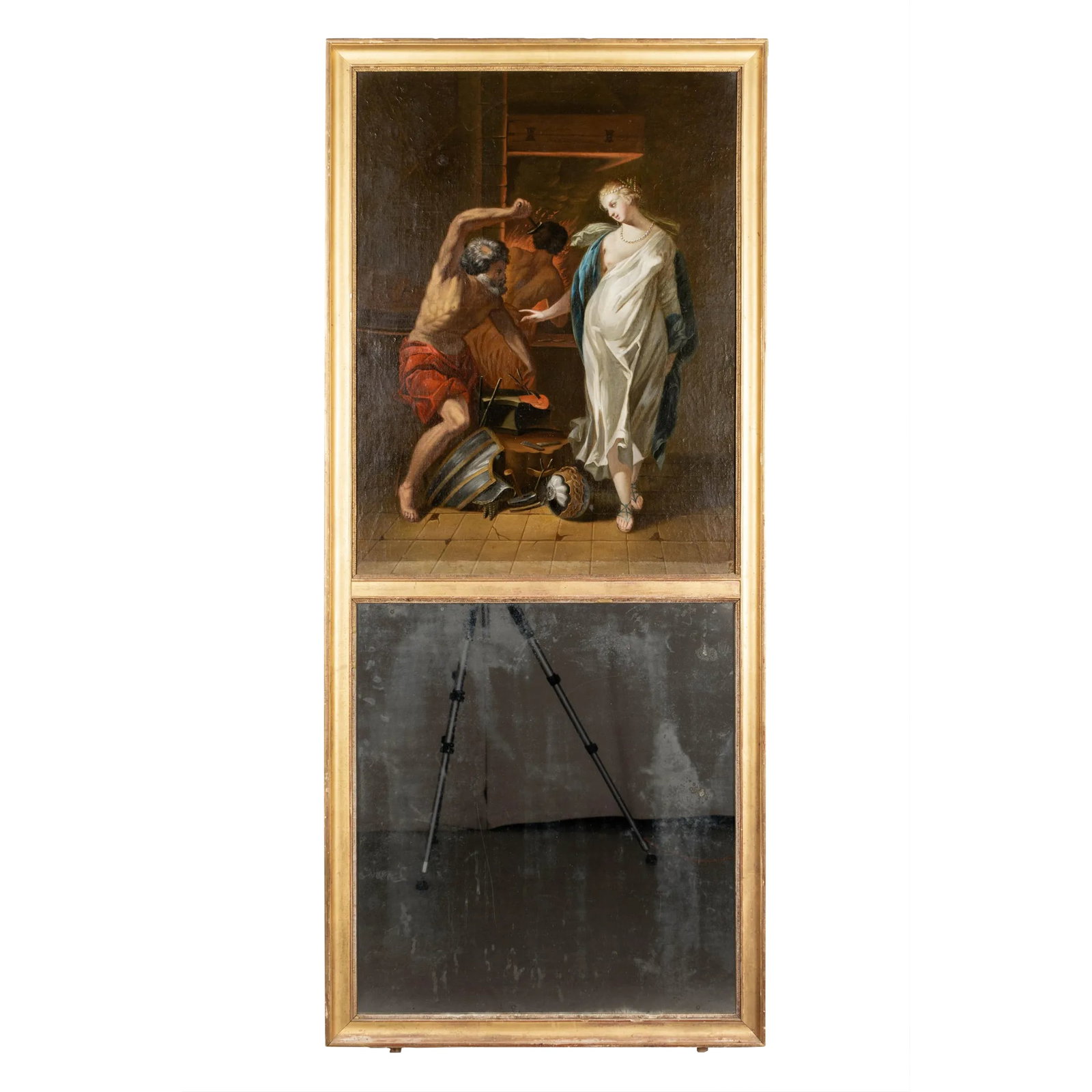 French Louis XVI Trumeau Mirror With Thetis at the Forge of Hephaestus Painting: An 18th century French Louis XVI style trumeau mirror with a large painting depicting Thetis at the Forge of Hephaestus after a composition by Baroque artist Jacques Blanchard (1600-1638). The scene