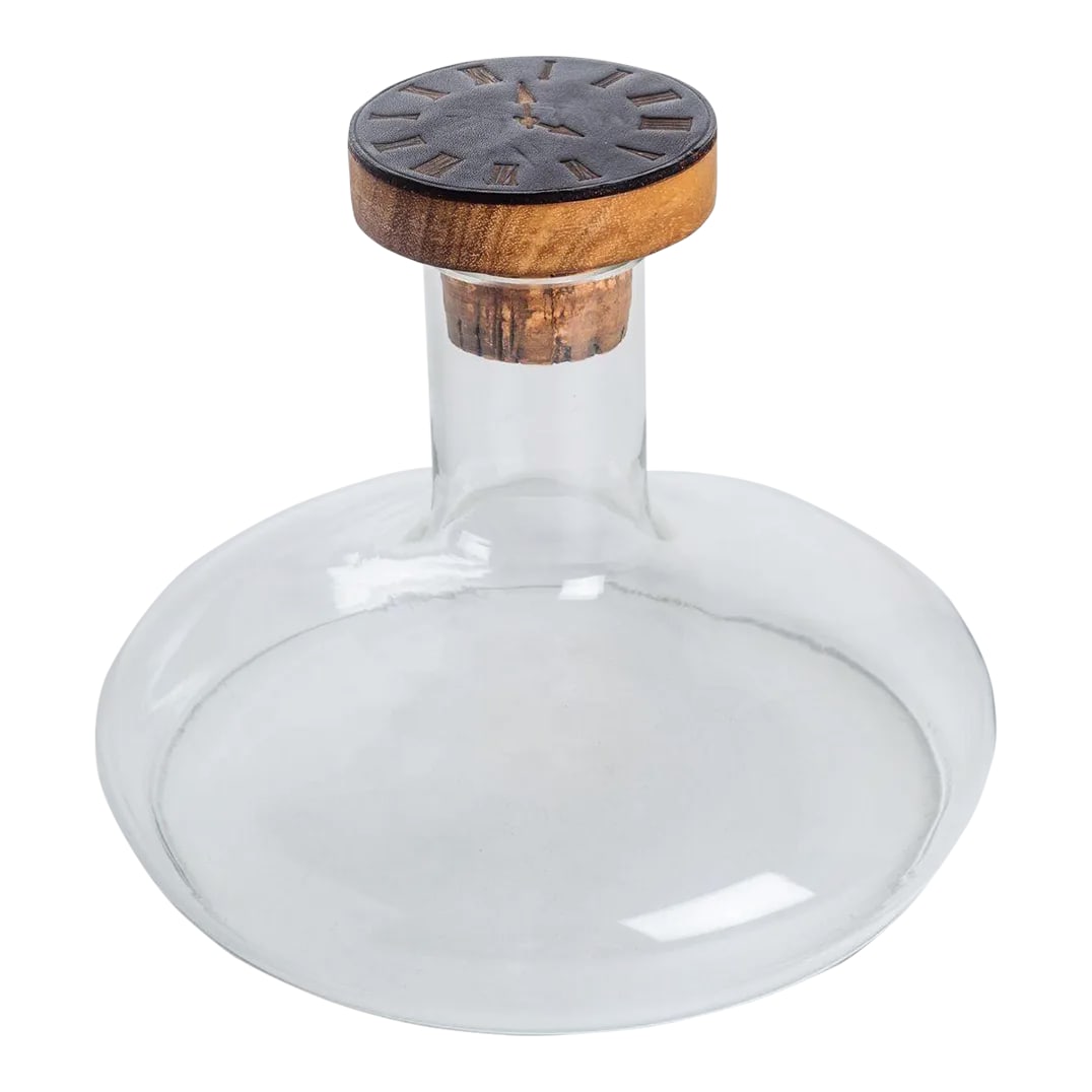 1950s Carl Aubock Rare Barware Decanter: Carl Auböck Rare Barewear Decanter, cork top, mahogany wood with leather embossed clock face image. Werkstätte Carl Auböck Austria, c. 1950 glass, embossed leather with gilding, cork,