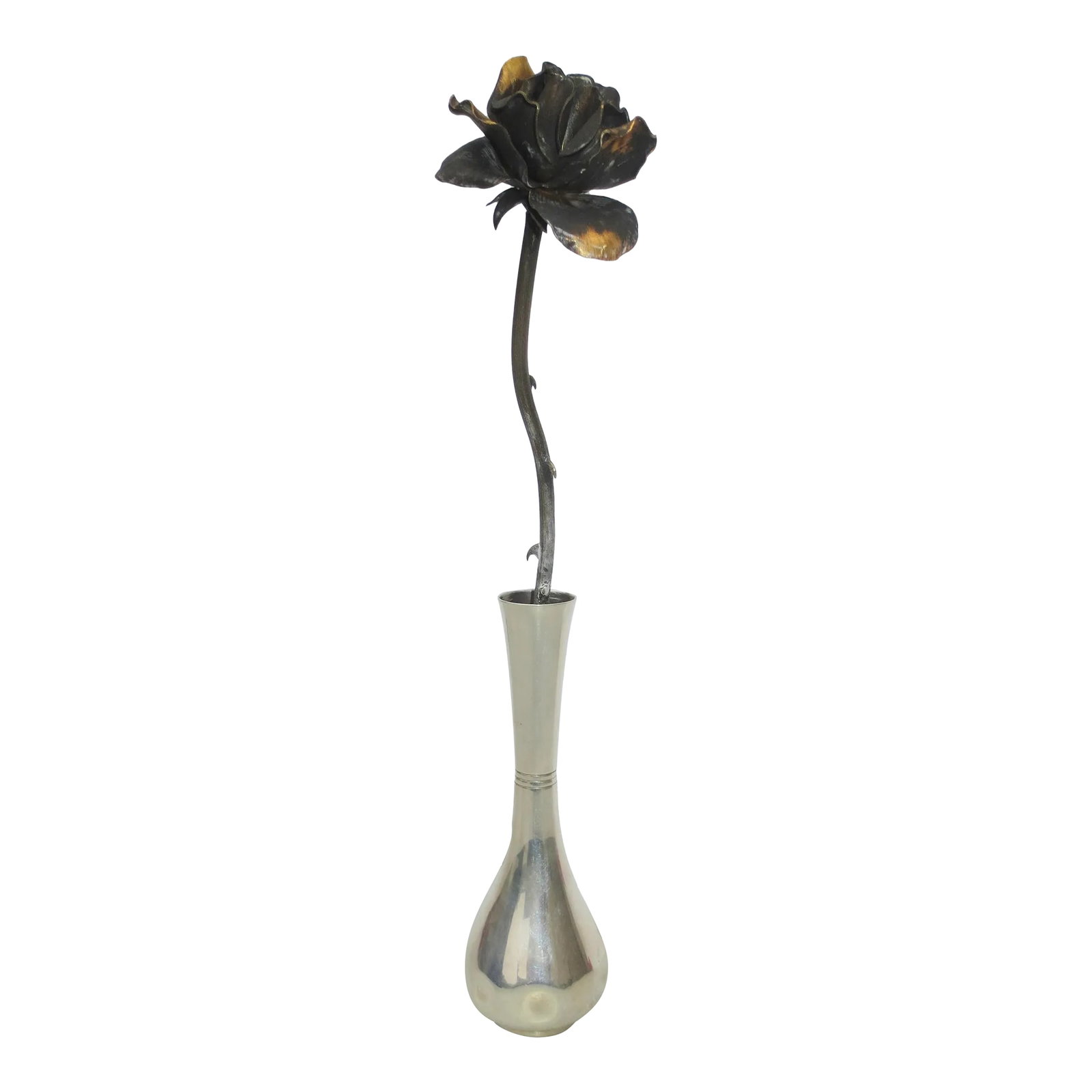 Tiffany & Co. Sterling Silver Bud Vase W Sterling Rose Circa 60's: TIFFANY & CO MAKERS Sterling bud vase with sterling and gilt washed rose vintage 1960'. The vase is detailed by three waist rings and a dimpled surface at the bowl. Tiffany marks to the bottom