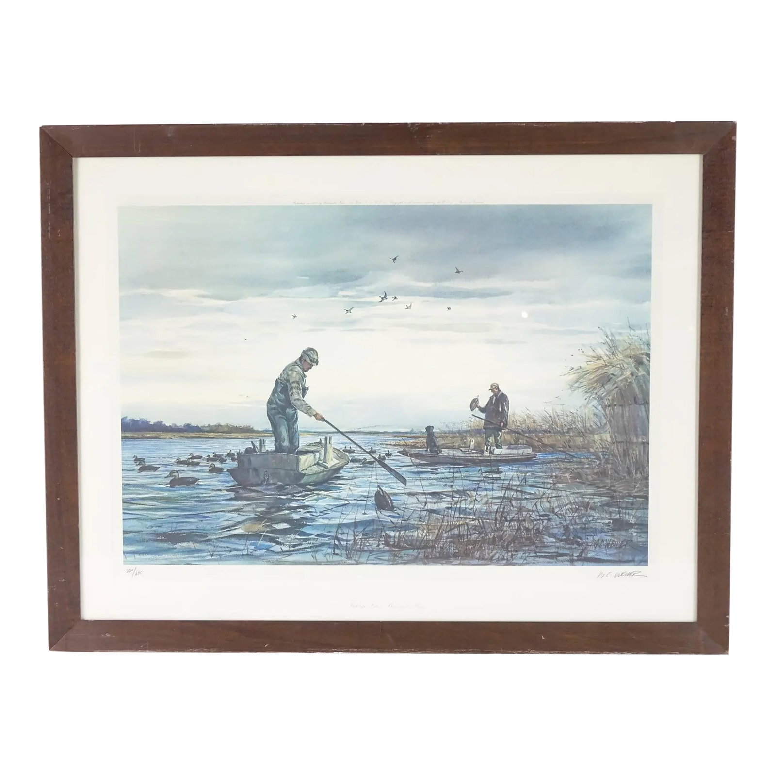 Pick up Time Barnegat Bay Signed Print of Original Watercolor Painting by Artis: This is "Pick up Time, Barnegat Bay," a signed print of the original watercolor painting by Artis, measuring 34" x 26". The artwork beautifully captures a serene scene of two hunters retrieving