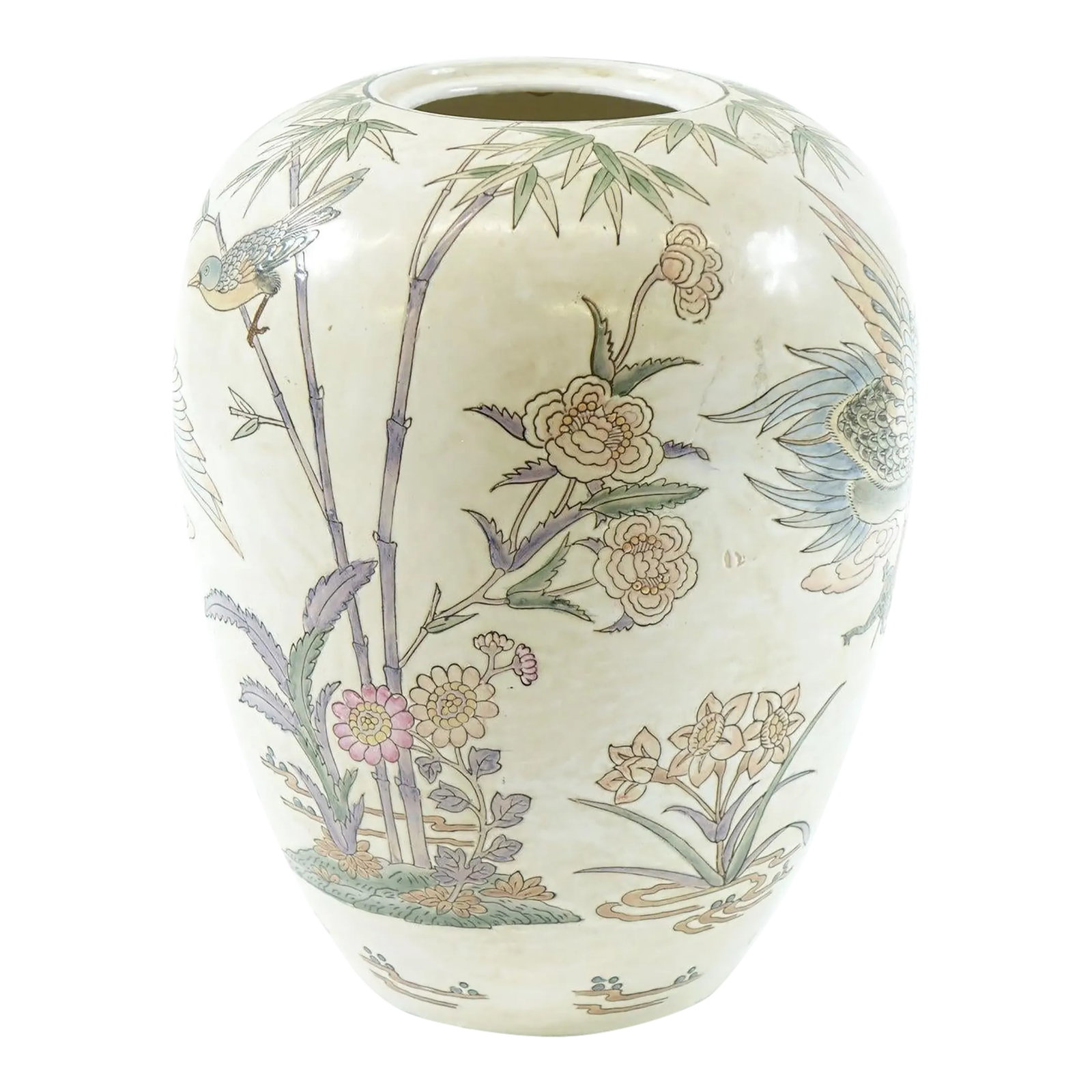 Marked Antique Chinese Porcelain Vase With Floral & Bamboo Design: This elegant antique Chinese porcelain vase features a white cream base, beautifully decorated with bamboo and delicate flowers in soft pinks, purples, and yellows. A true testament to traditional