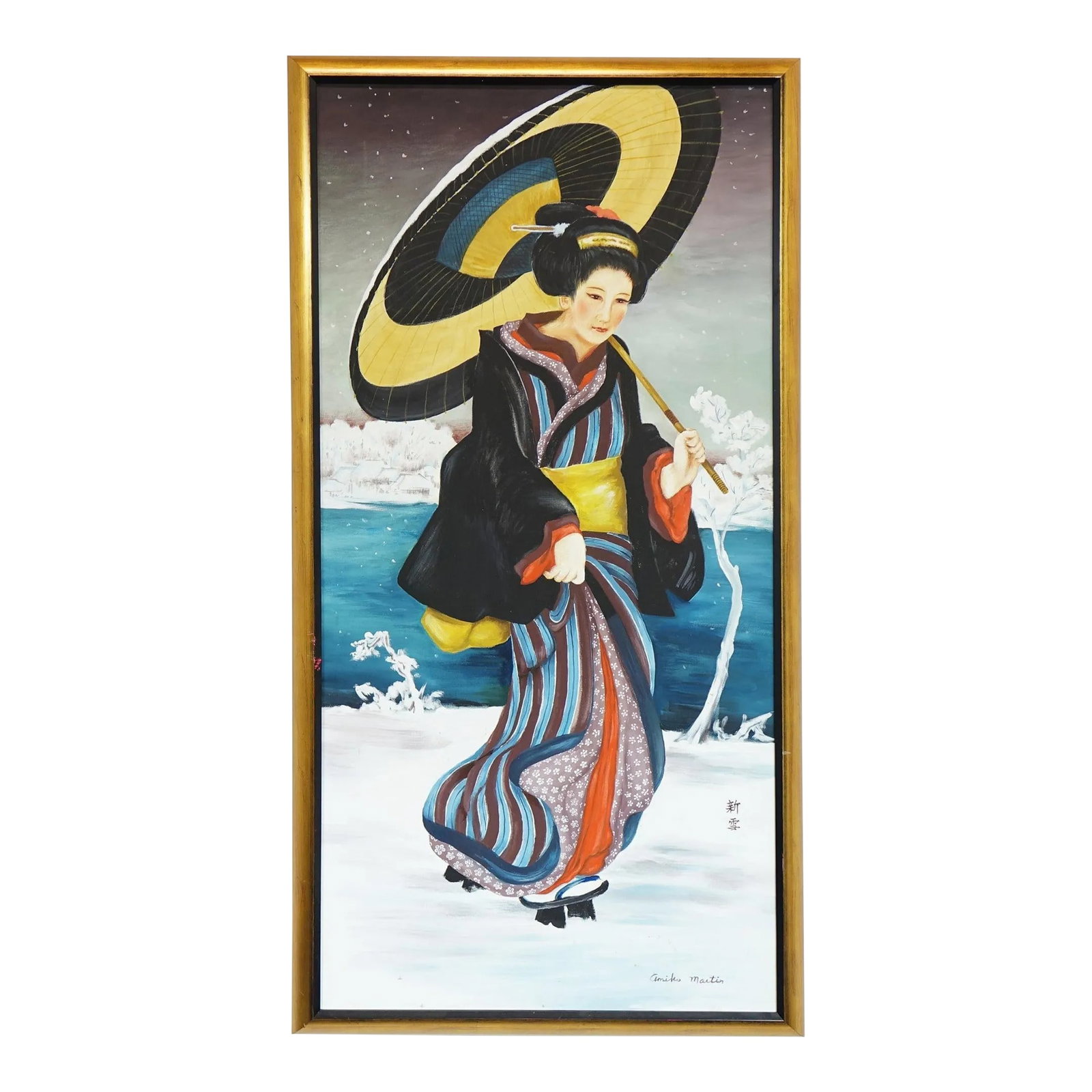 Mid 20th Century Geisha Oil on Canvas Board Signed Original: Geisha, Oil on Canvas Board, Signed Original - 26.75" x 50.75" This stunning original oil painting on canvas board features a gracefully depicted geisha walking through a serene winter landscape.