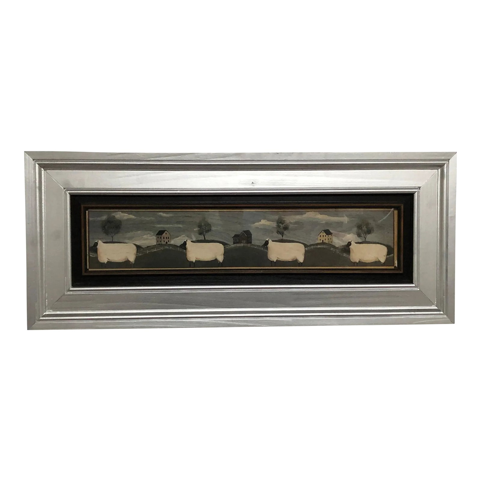 Framed Folk Art Oil on Board of Sheep in Pastoral Landscape: This folk art–inspired oil on board features four sheep standing in a row against a softly rolling countryside. The primitive style captures the charm of rural life, with simple farmhouse