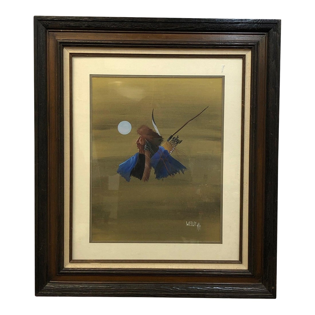 Late 20th Century Portrait Original Watercolor on Paper Signed: Portrait, Original Watercolor on Paper, Signed – 27.5" x 31.5" This striking original watercolor portrait captures the stoic profile of a Native American figure, dramatically set against a