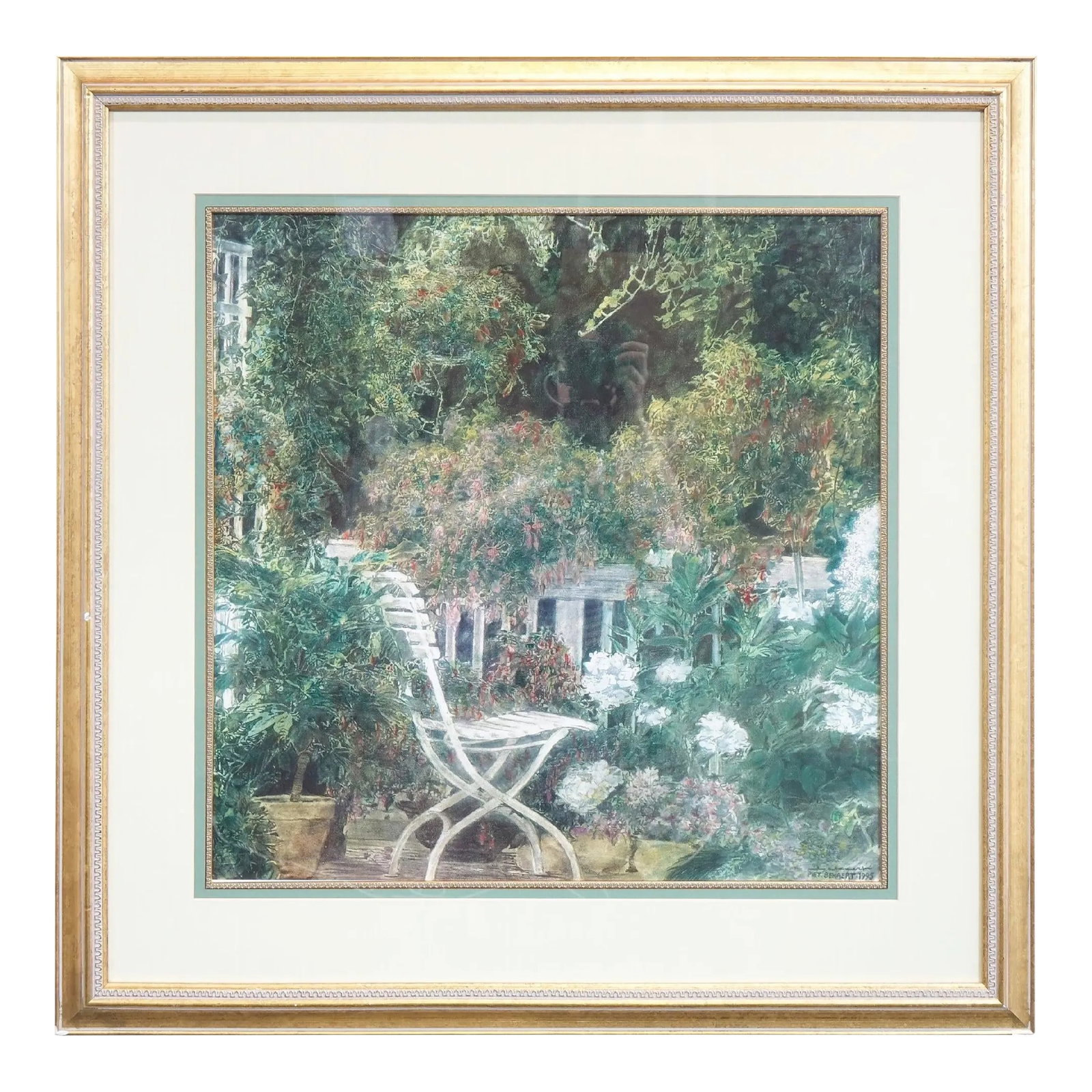 Watercolor Painting 1995 Signed on the Bottom, Framed: Watercolor Painting 1995 Signed on the Bottom The frame is wood with gold color and water color on paper. It is a garden scene with a chair and flowers. Condition: Alterations: Original Condition