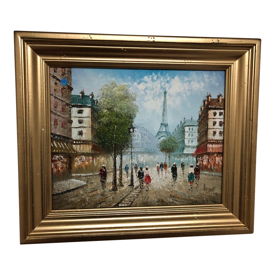 Late 20th Century Paris Oil on Canvas, Signed: This captivating French original oil painting on canvas depicts a charming Parisian scene with cobblestone roads and people shopping in the foreground. The iconic Eiffel Tower stands tall in the