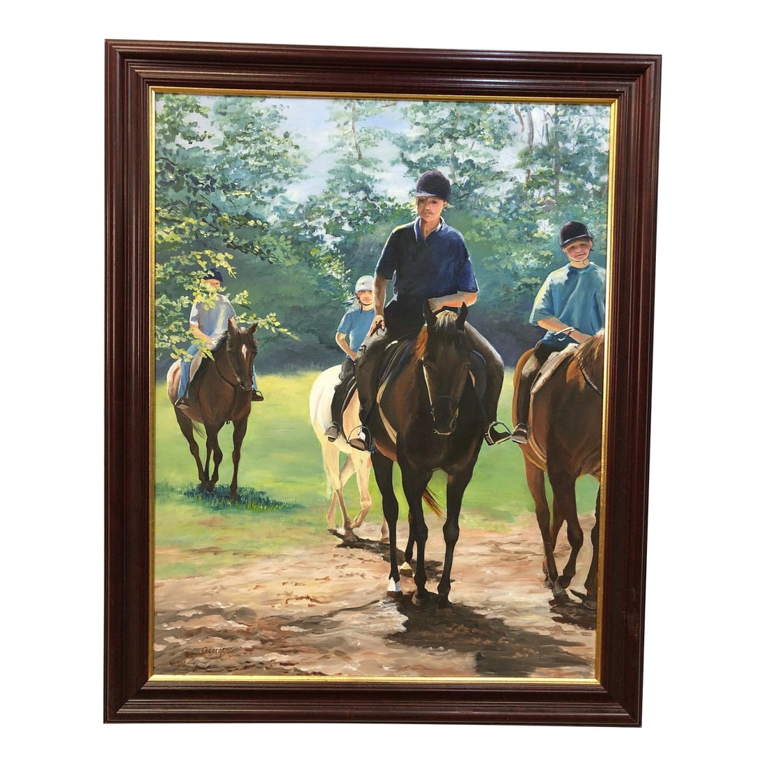 Late 20th Century Horse Riders Original Oil on Canvas Signed on the Bottom: Horse Riders, Original Oil on Canvas, Signed on the Bottom – 25.5ÊºW × 32ÊºH Capture the spirit of a leisurely afternoon with this original oil painting depicting a grou