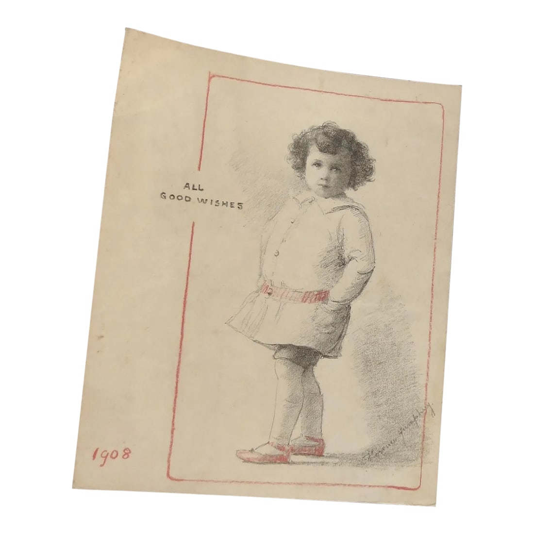 1908 Comemorative Drawing Signed Florence Humphreys: Signed by Florence Humphreys ( 1905-1940) and titled 1908. Pencil and colored pencil on paper. A portrait drawn at some point in her short life and titled 1908 with a legend ALL GOOD WISHES,