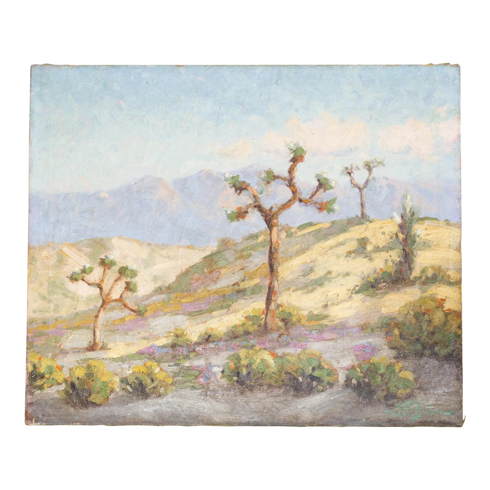 Antique Joshua Tree California Desert Landscape Signed Oil Painting: This is an original oil painting of the desert landscape of Joshua Tree, California. We love the soft pastel palette and the impressionist rendering of this plein-air painting. The signature in the