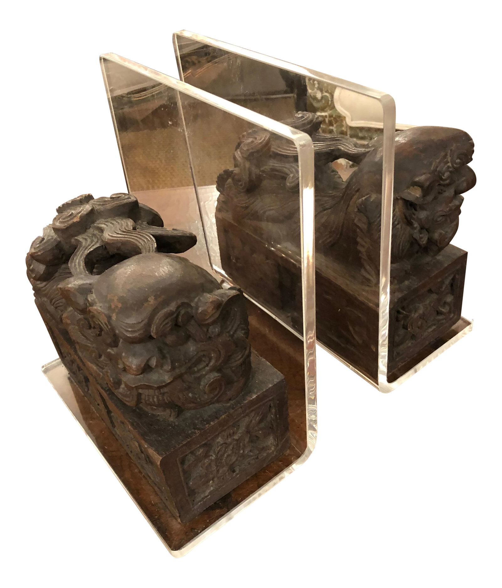 Carved Wood Foo Dogs and Lucite Bookends - a Pair (1 of 9)