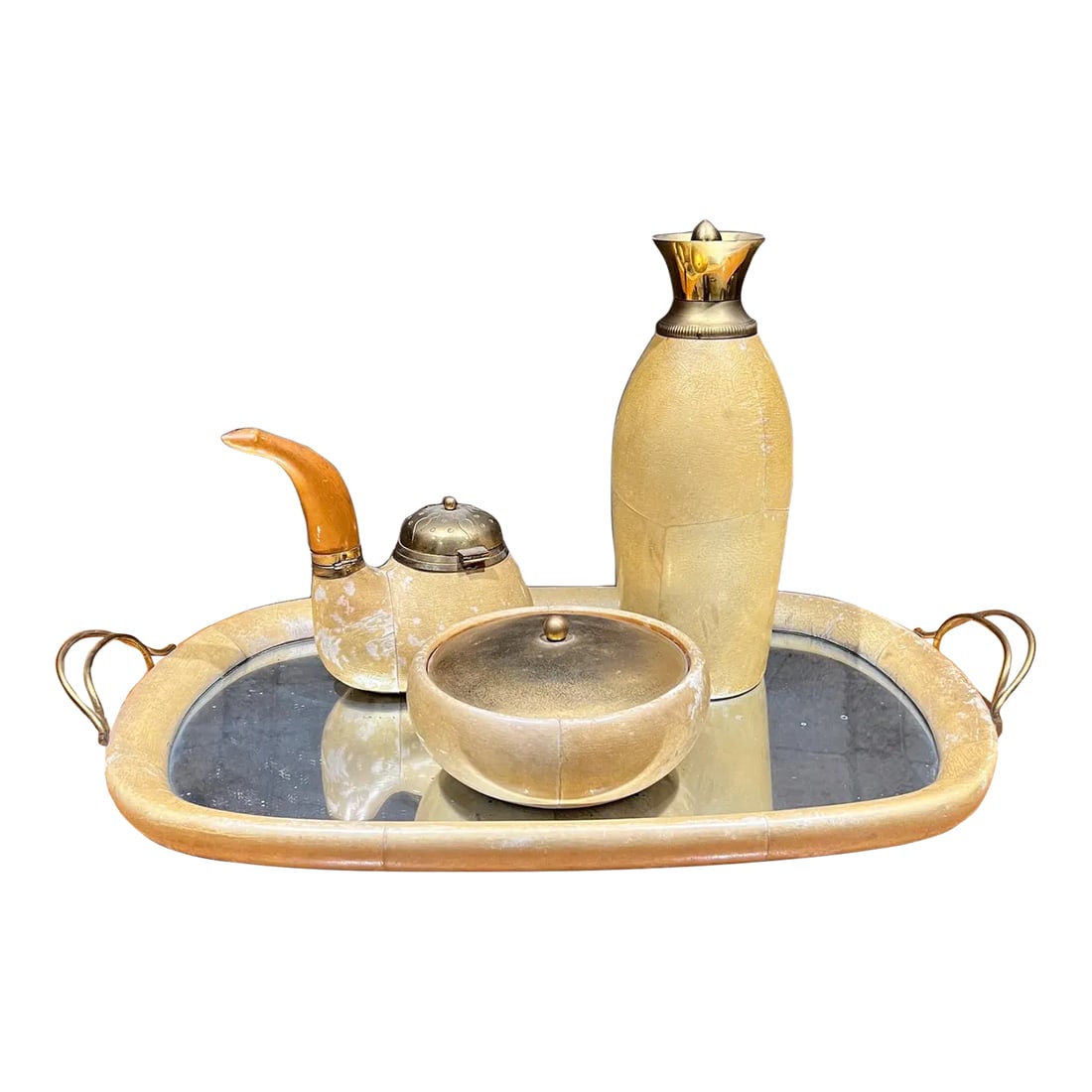 1950s Aldo Tura Lacquered Goatskin Brass Barware Set: AMBIANIC presents 1950s Aldo Tura Lacquered Goatskin and Brass Barware Set Included four pieces of Macabo Cusano Aldo Tura Aldo Tura for Macabo Carafe Pitcher Thermos Aldo Tura Macabo Covered Dish Ald