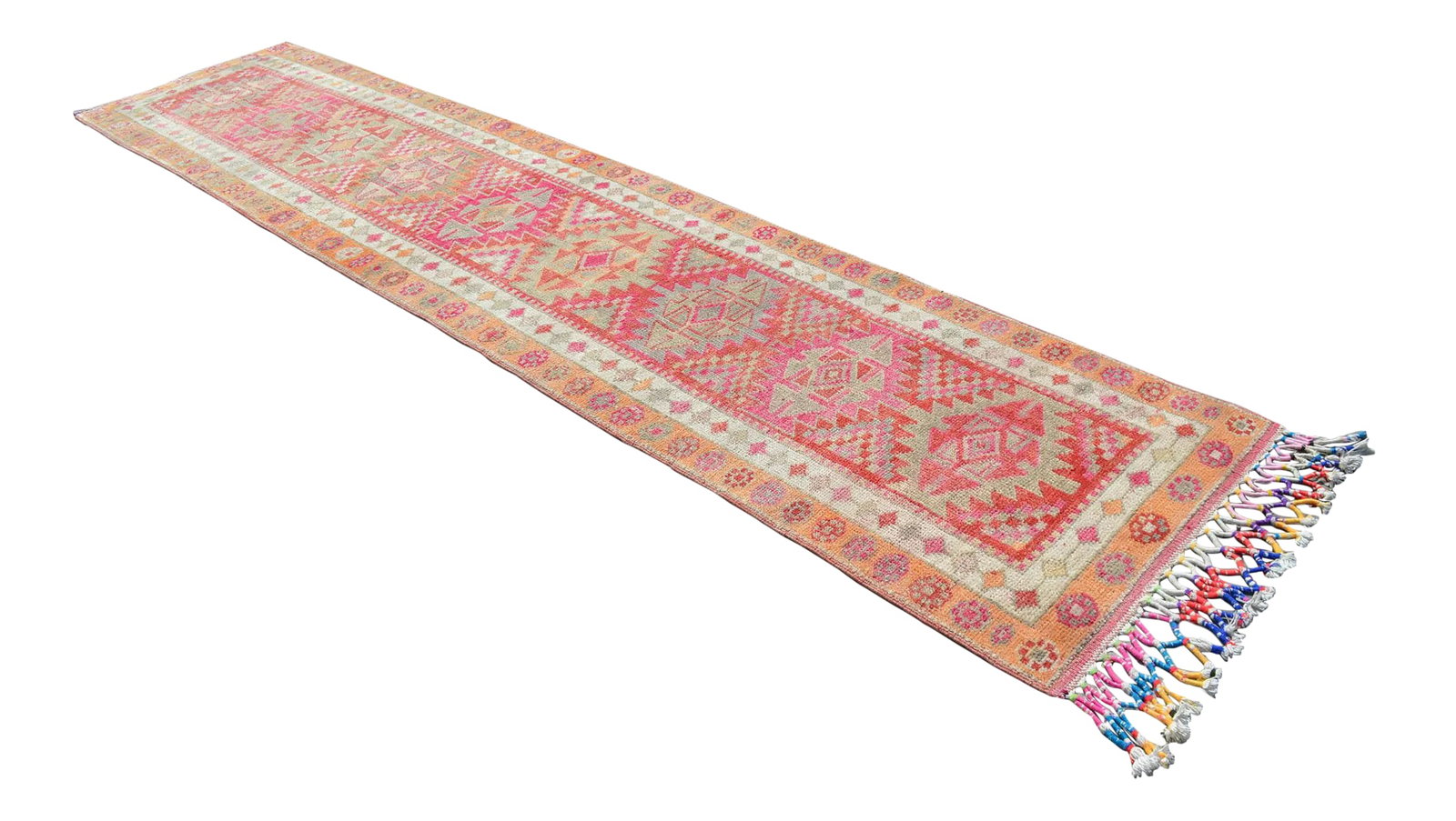 Hand-Knotted Distressed Turkish Runner Rug . Low Pile Faded Tribal Herki Runner Rug 2"²11"³: Add a touch of vintage charm to your hallway decor with this exquisite 3x12 Ft Hand Knotted Turkish Runner Rug. This Anatolian Tribal Runner features a beautiful muted red, pink, and orange color pale