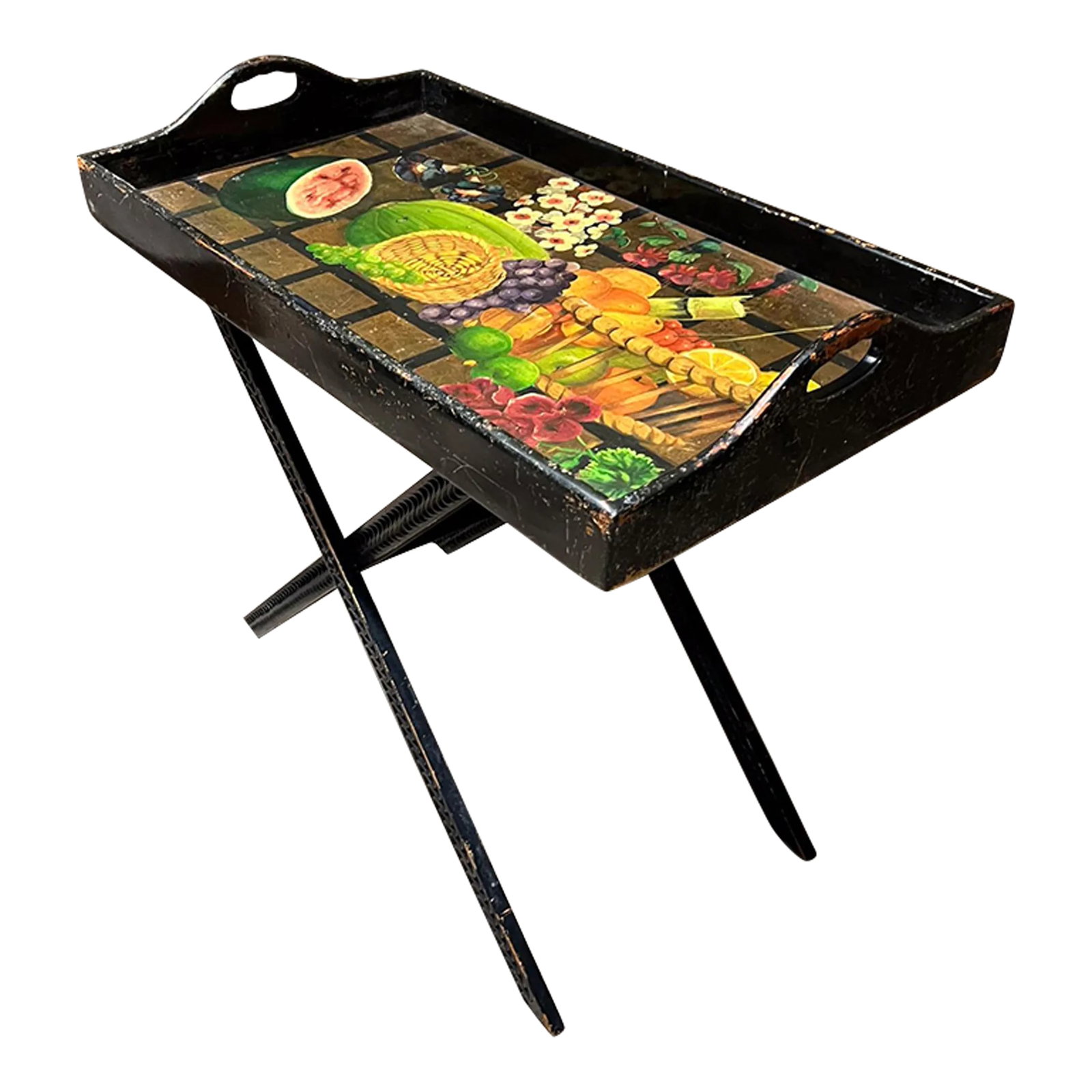 1960s DiseÃ±os Caaesa Folding Butler's Tray Table Hand Painted Gold Leaf: AMBIANIC presents 1960s DiseÃ±os Caaesa Folding Butler's Tray Table Hand Painted Gold Leaf on Wood Still Life Stamped by maker. 31 h x 18 d x 32 Folded 38 h x 8.75 d Wood has decorative