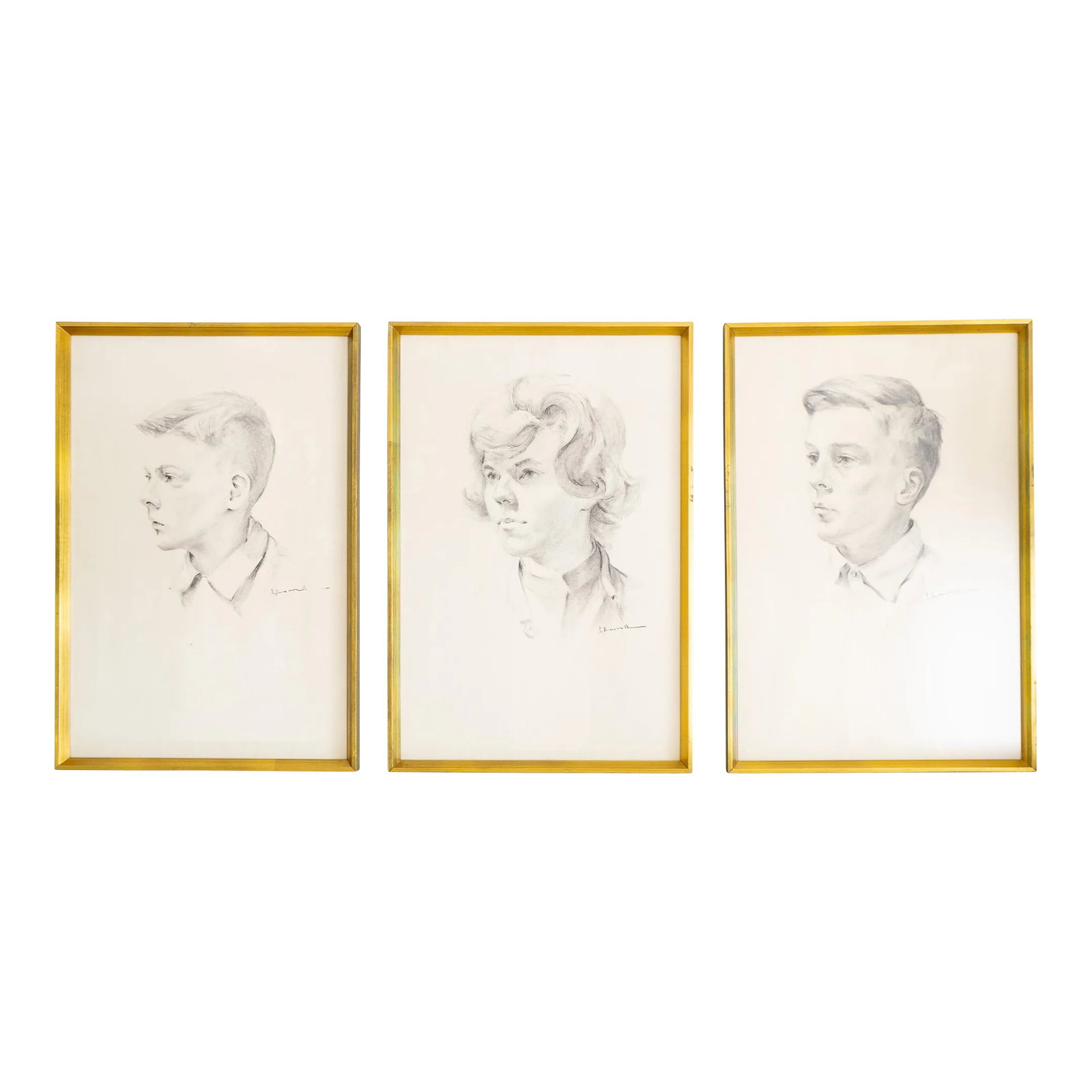 Hand Drawn Graphite Illustration Profile Portraits | Gold Framed Set of Three: A set of three profile portraits, hand-drawn in graphite pencil and signed by the artist. Professionally framed in original mid-century modern gallery-style inset sloped gold frames, sealed and