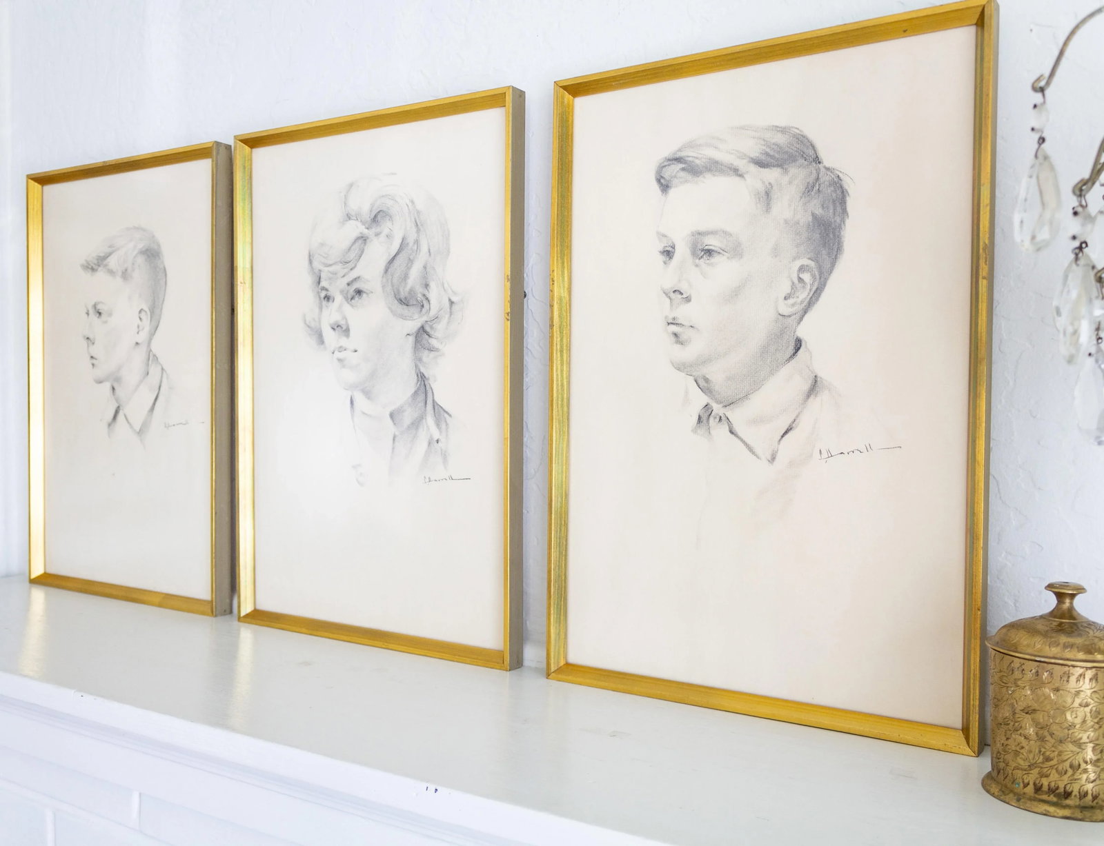 Hand Drawn Graphite Illustration Profile Portraits | Gold Framed Set of Three - 3