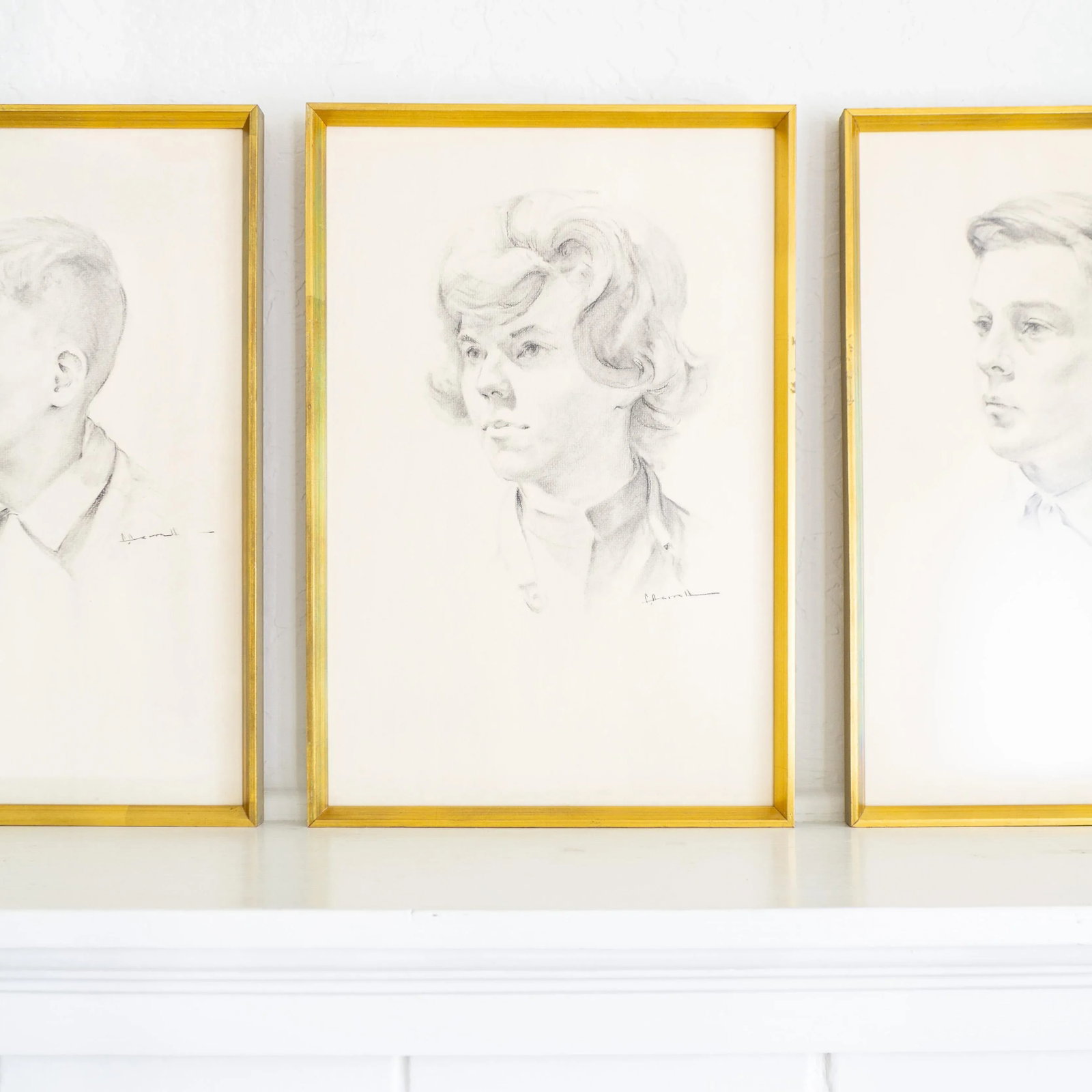 Hand Drawn Graphite Illustration Profile Portraits | Gold Framed Set of Three - 5
