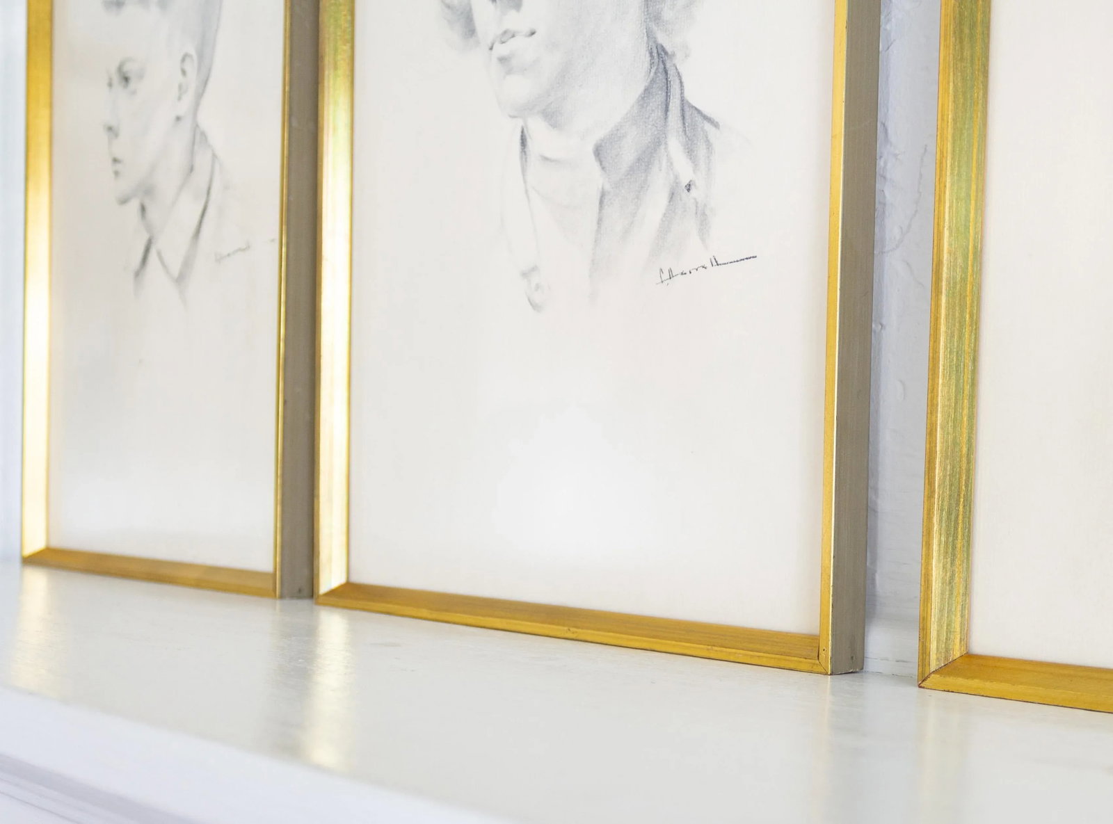 Hand Drawn Graphite Illustration Profile Portraits | Gold Framed Set of Three - 7