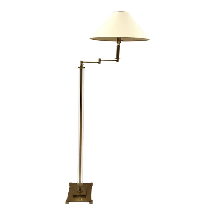 Modern Designer Floor Lamp: Handsome sophisticated antique brass Restoration Hardware floor lamp with with extension arm. 66.5" H base 10" Square Shade 19" Diameter 9 H Condition: Alterations: Original Condition Unaltered Imperf