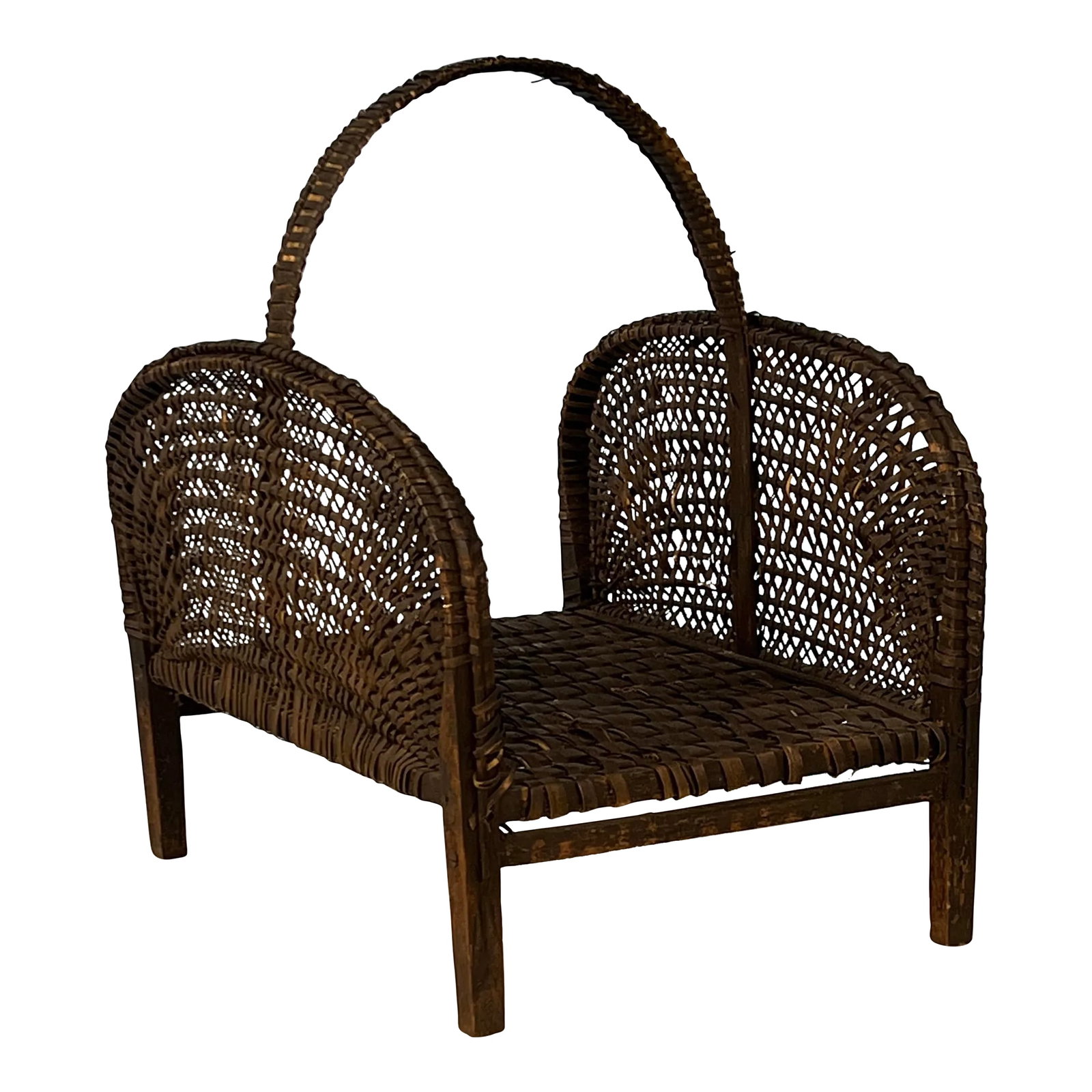 Antique Peg Construction Primitive Farmhouse Style Kindling Holder: Antique primitive rustic, cabin, lodge, farmhouse style peg construction wood frame basket kindling holder. Dark brown woven reeds on wood frame. Will hold those small fire starter pieces. Measures