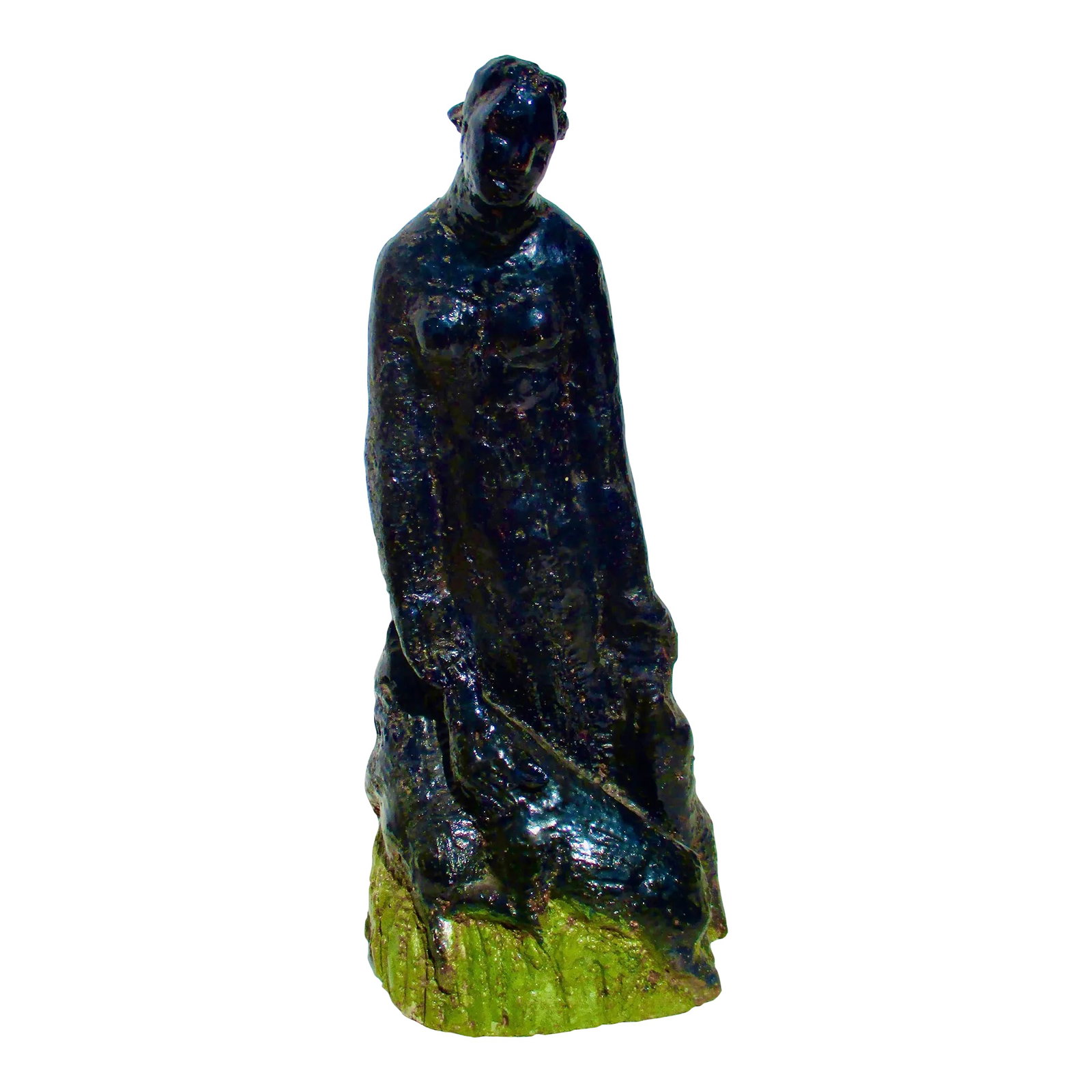 Blue Glazed Terra Cotta "Circe" Attrb to Claire McArdle Circa 80s': Art Brut figure of the sorceress Circe surrounded by swine. Modeled in red stoneware clay, red brick clay the small figure is a study in volume and symbolic content. Grainy ,gritty surface texture