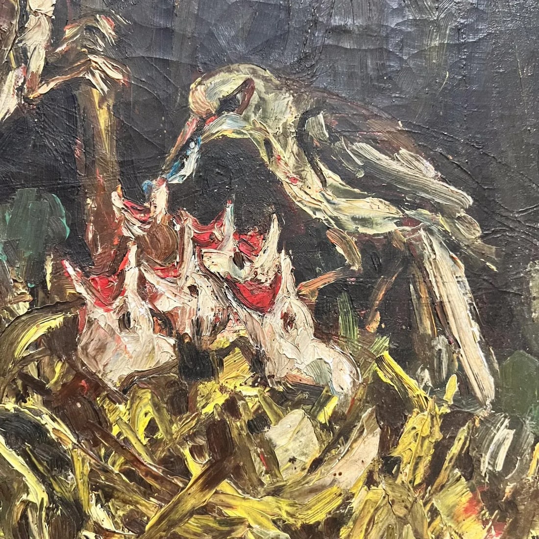 Mid 20th Century Painting Bird Chicks Still Life Impressionist Oil Canvas - 11
