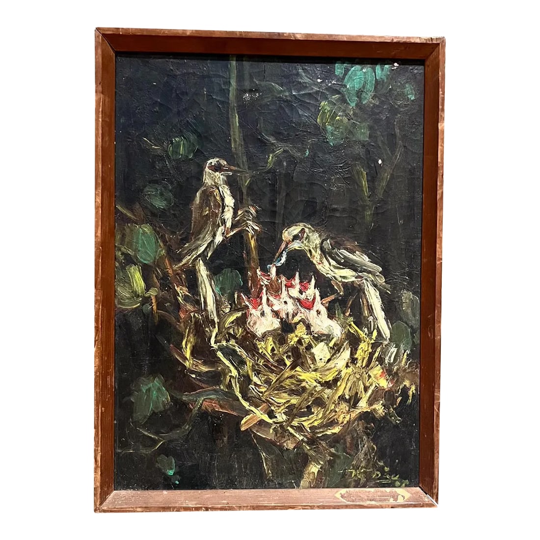 Mid 20th Century Painting Bird Chicks Still Life Impressionist Oil Canvas: AMBIANIC presents Birds feeding chicks. Still life. Impressionist Oil on Canvas 19.25 h x 14 w x 1.38 d Signed lower right corner, hard to read. Chiaroscuro technique Wood frame has chip lower left