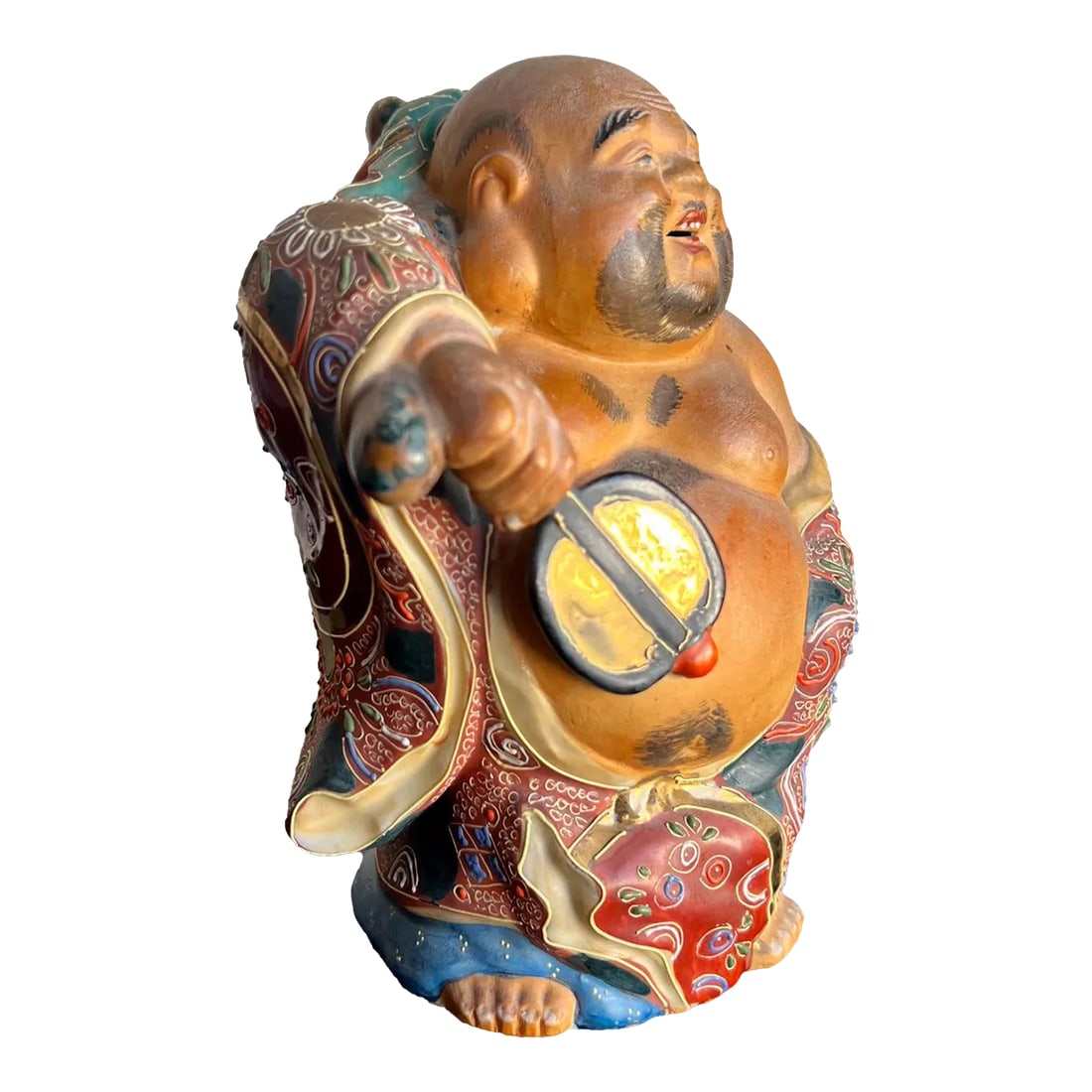 Old Japanese Kutani Hotei Colorful Laughing Buddha Porcelain: or your consideration, an old Japanese Kutani Moriage hotei porcelain statue Charming and colorful laughing buddha figurine. Hand embellished. Stamped Japan. Dimensions: 5.25" W x 6.75" H x 5" D.