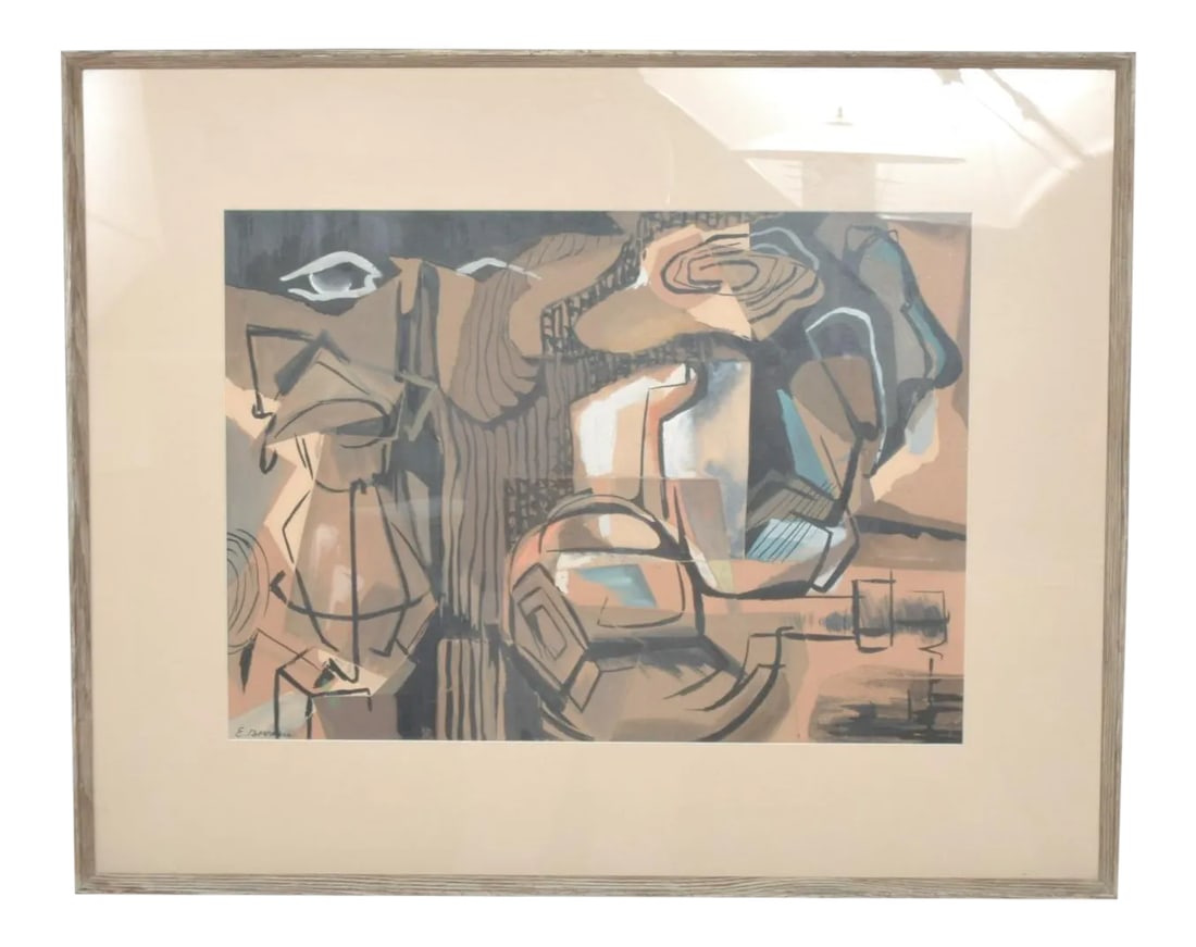 Modern Art Abstract Painting Pastel on Paper Signed E. Bowmann: For your pleasure: an Abstract Painting, Pastel on Paper, Framed in Oak Wood, Glass present. Unable to clearly decipher artist's name, E. Bowmann- Bowrman -Bowman. Dimensions: 24 1/4" H x 30 1/4" W x 
