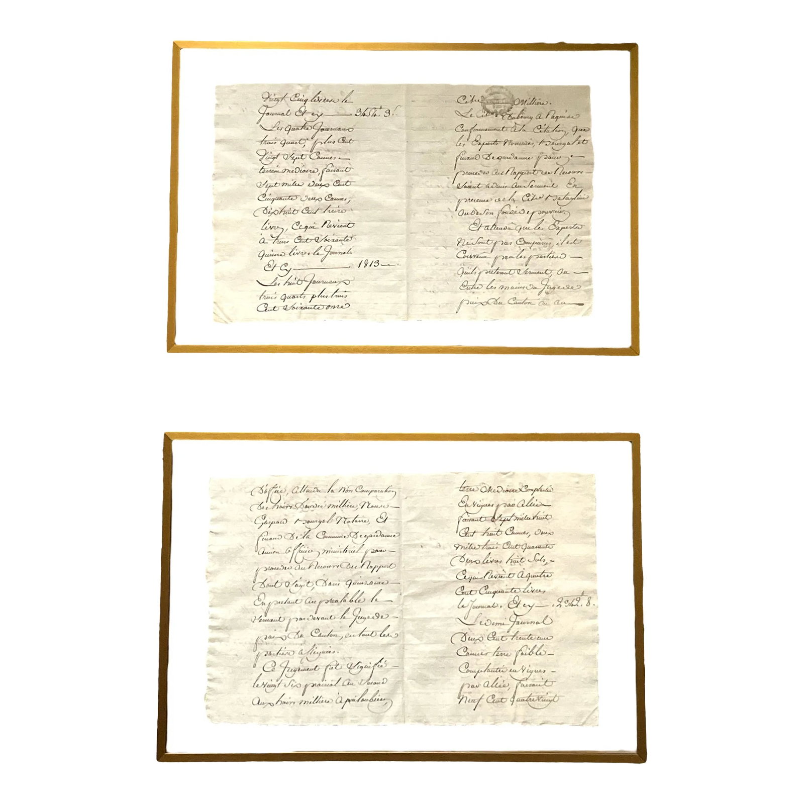 Antique Early 19th Century French Vineyard Calligraphy Contract on Parchment in Floating Frames - a: A pair of French documents on parchment with the most beautiful calligraphy handwriting. Circa 1813, the documents describe the valuation and measurements of parcels of vineyard land, including cost