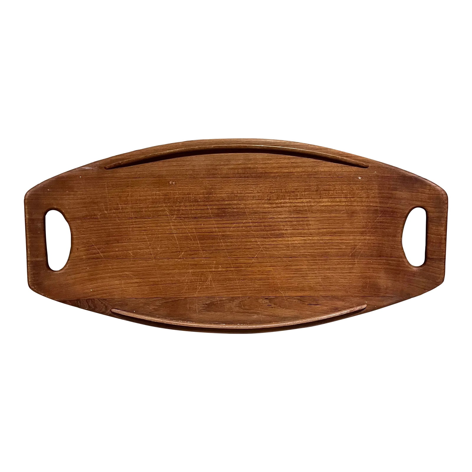 60s Large Danish Teak Serving Tray Jens Quistgaard Dansk Designs Ducks Gondola: AMBIANIC presents 1960s Early Danish Teak Wood Serving Tray Jens Quistgaard Dansk Designs Scandinavian Modern stamped 20.25 w x 10 d x 1.5 h Preowned vintage unrestored Refer to images Condition: