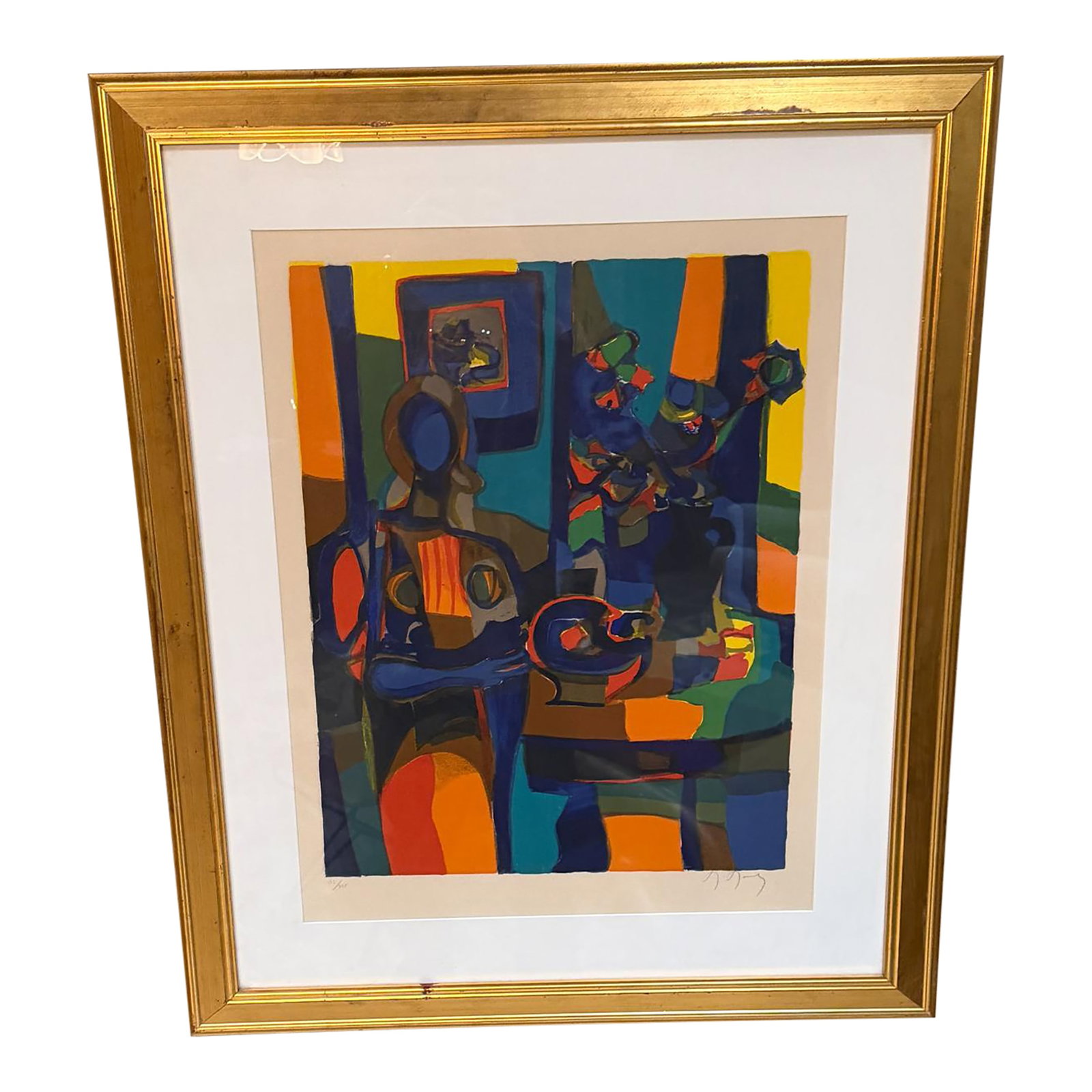 1960s Abstract French Art Still Life Color Lithograph Marcel Mouly: For your consideration, 1960s Modern Abstract Art Still Life Lithograph a Beautiful vibrant color. Framed art. Signed by Marcel Mouly listed French Artist. Avibrant, color lithograph by the renowned