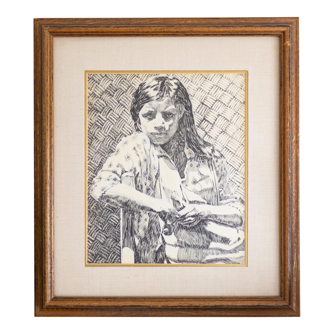 Early 20th Century Pen and Ink Portrait by Weldon Amerine: An early 20th-century pen and ink portrait of a young girl wearing a checkered flannel, facing the viewer with a strong, direct gaze in front of a basket-like cross-hatched background. Professionally
