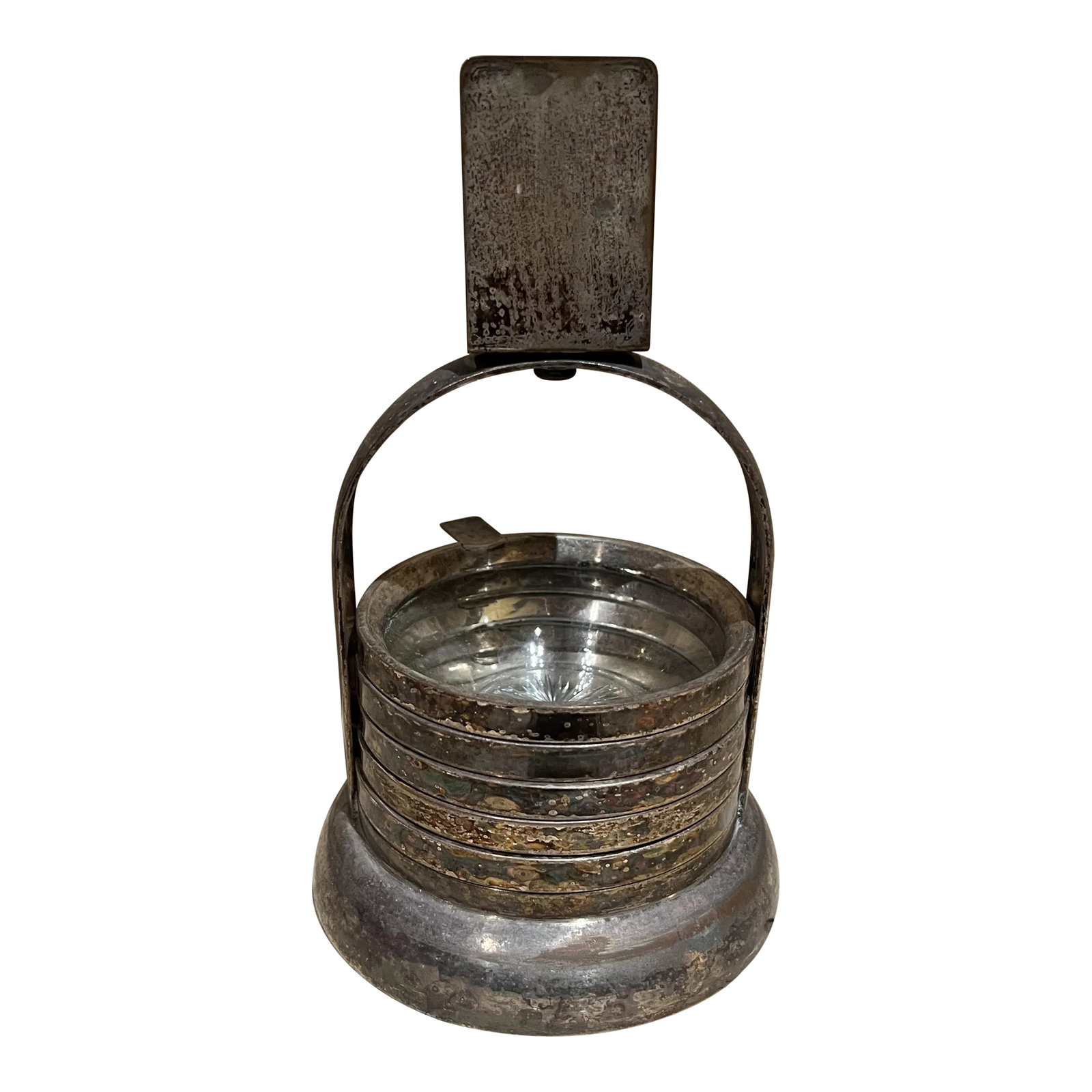European Cut Crystal Silver Ashtray Stackable Set of 5: For your consideration, a vintage European art deco crystal ashtray stackable set of 5 cut crystal silver plated finish. Unmarked. Dimensions: 7.5" H x 4.5" Diameter, Ashtray 3.5" diameter x 1.13" H