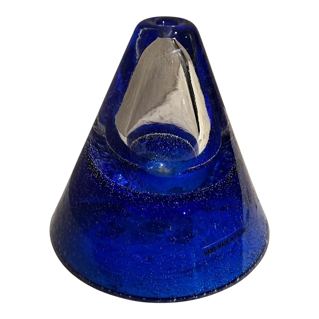 1970s Handmade Art Glass Blue Vase Poland: AMBIANIC presents 1970s Polish Art Glass Vase Blue & clear glass flower vase Hand Made in Poland Stamp present. 5 h x 5.5 diameter Original vintage refer to images Condition: Alterations: Original