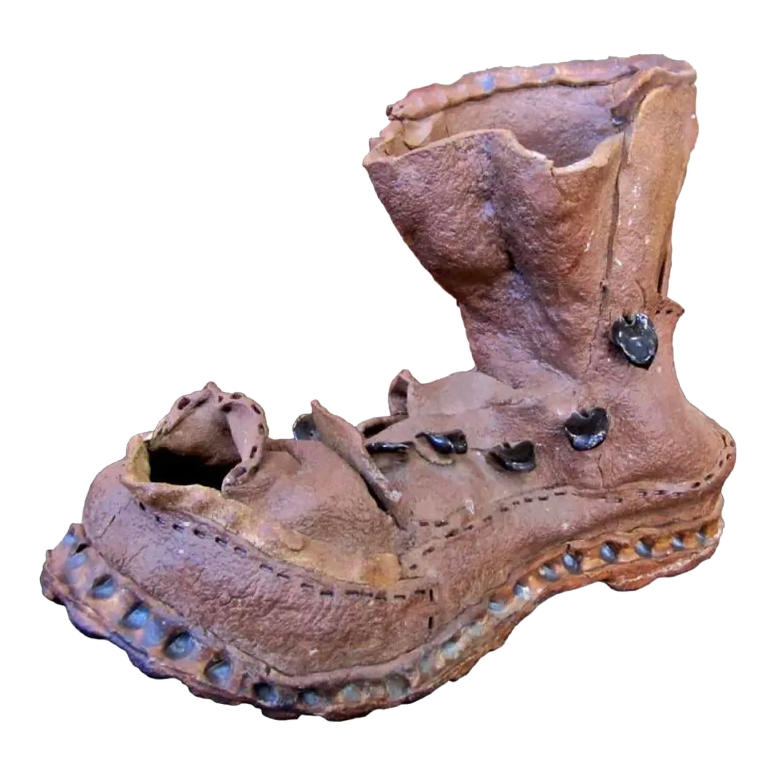 1960s Outsider Art Clay Boot Sculpture: This funky clay boot sculpture has radical 1960's charm. A tongue in cheek creation in clay. Fantastic expression of the modern 60s. Condition: Alterations: Original Condition Unaltered Imperfections:
