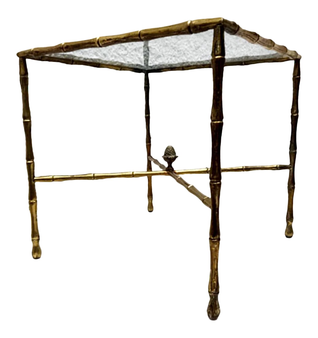 1950s Faux Bamboo Brass Square Side Table Arturo Pani: AMBIANIC presents 1950s Faux bamboo square brass side Table attributed to Arturo Pani. Mexico unsigned 19.5 h x 20 x 20 Original vintage preowned condition with new glass top. Very elegant presentatio