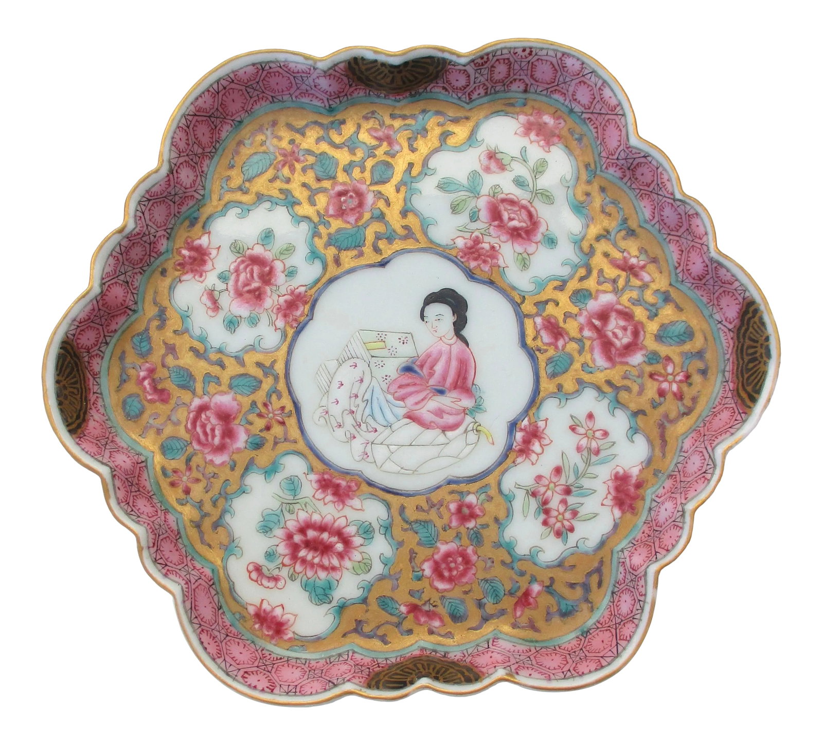 Antique Chinese Enamel on Porcelain Serving Tray: Antique six lobed enamel on porcelain in a Rose Medallion style treatment. 19th-century food tray. Size is 5.25" diameter and.6" tall. Lovely quality and very delicate painting. Condition: Alterations