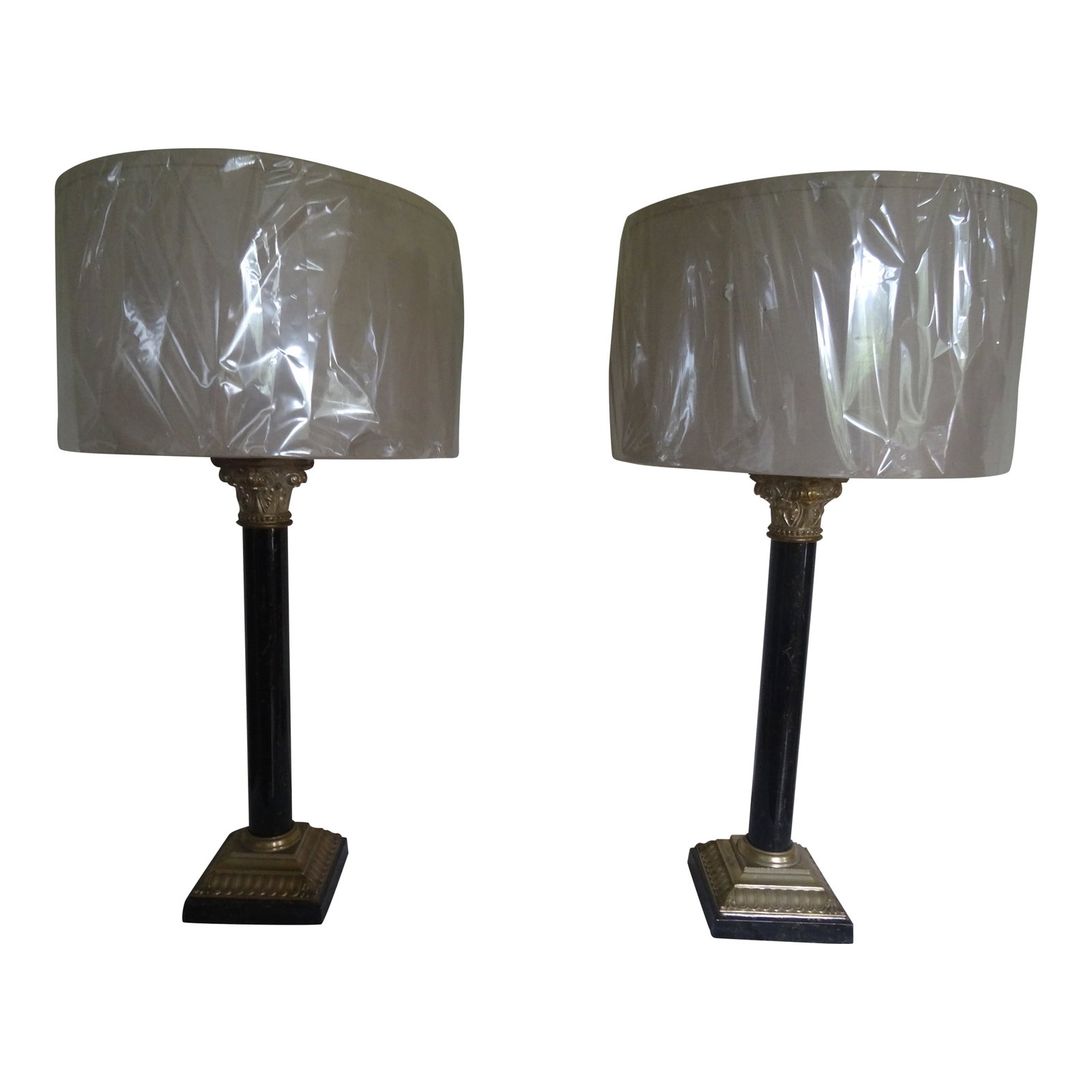 Late 20th Century Corinthian Column Lamps With New Wrapped Shades - a Pair: A simply classic Piar of Vintage Hollywood Regency Style Lamps. 20th Century wiht new unwrapped shades and custom finials. Brass and Faux marble Column Shade Width 16" Shade Height 10" Condition: