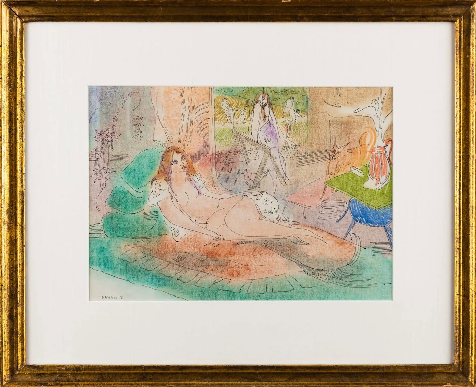 Framed and Signed Hand Colored Lithograph of Nude by Irving Nahan: Languishing Nude by Abraham P. Hankins, Philadelphia A signed color screen print with graphite of Hankins' model/muse languishing on a chaise. Lyrical and free. The artist, Abraham P. Hankins