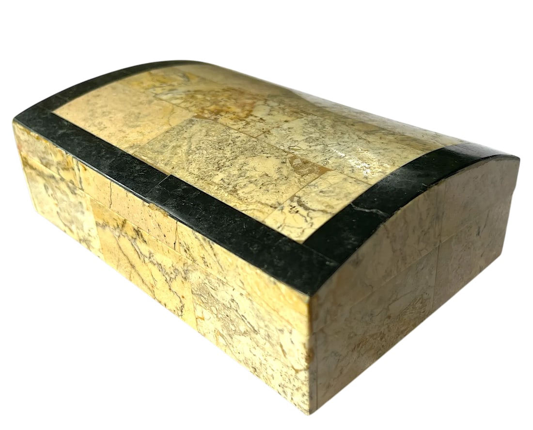 1980s Vintage Postmodern Tessellated Cream and Black Stone Box With Domed Lid and Black Marble Inlay: Vintage tessellated stone box crafted in creamy marble tiles. The domed lid is framed with a black marble inlay surround, making this piece not only a functional container but a compelling object.