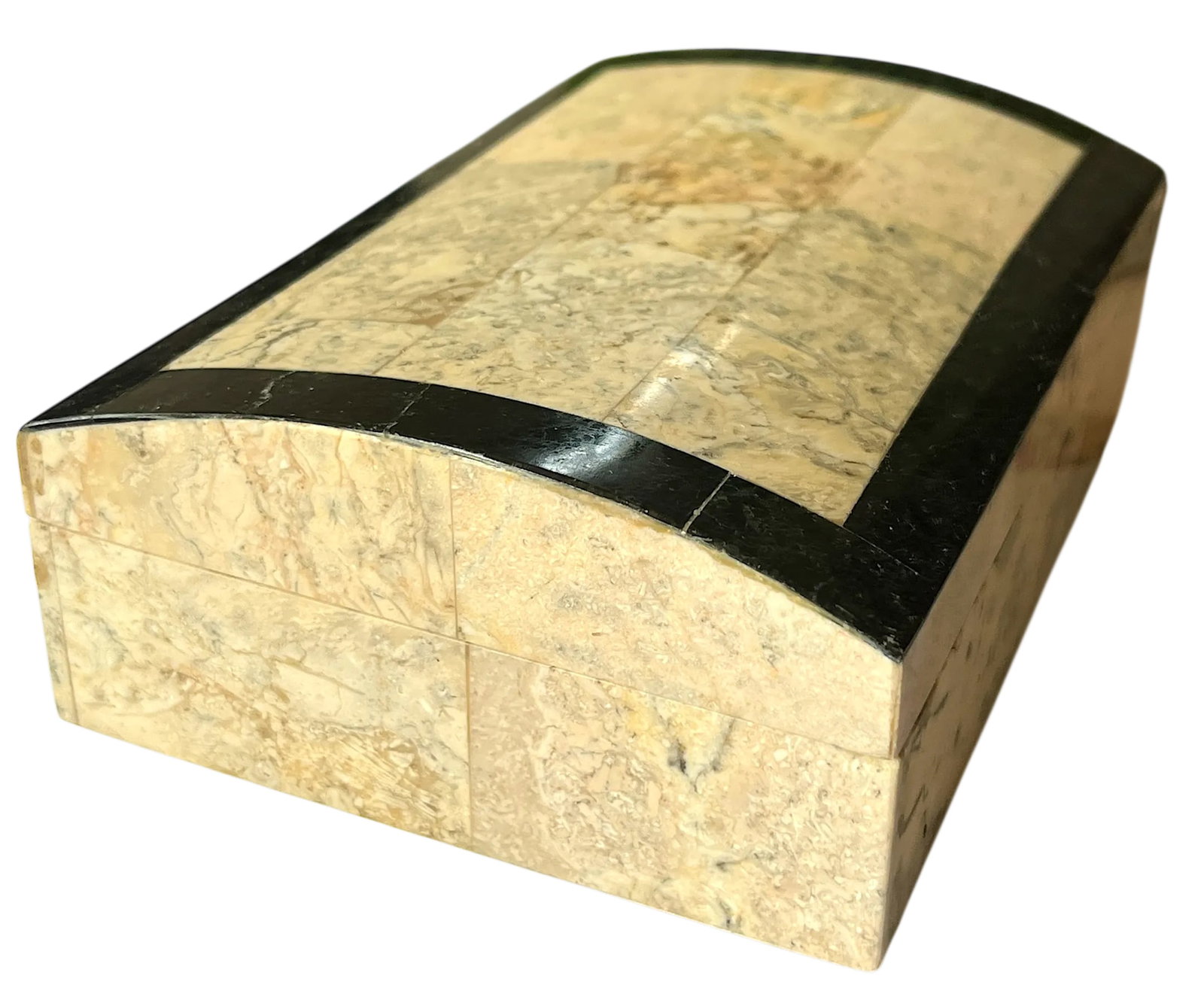 1980s Vintage Postmodern Tessellated Cream and Black Stone Box With Domed Lid and Black Marble Inlay - 3