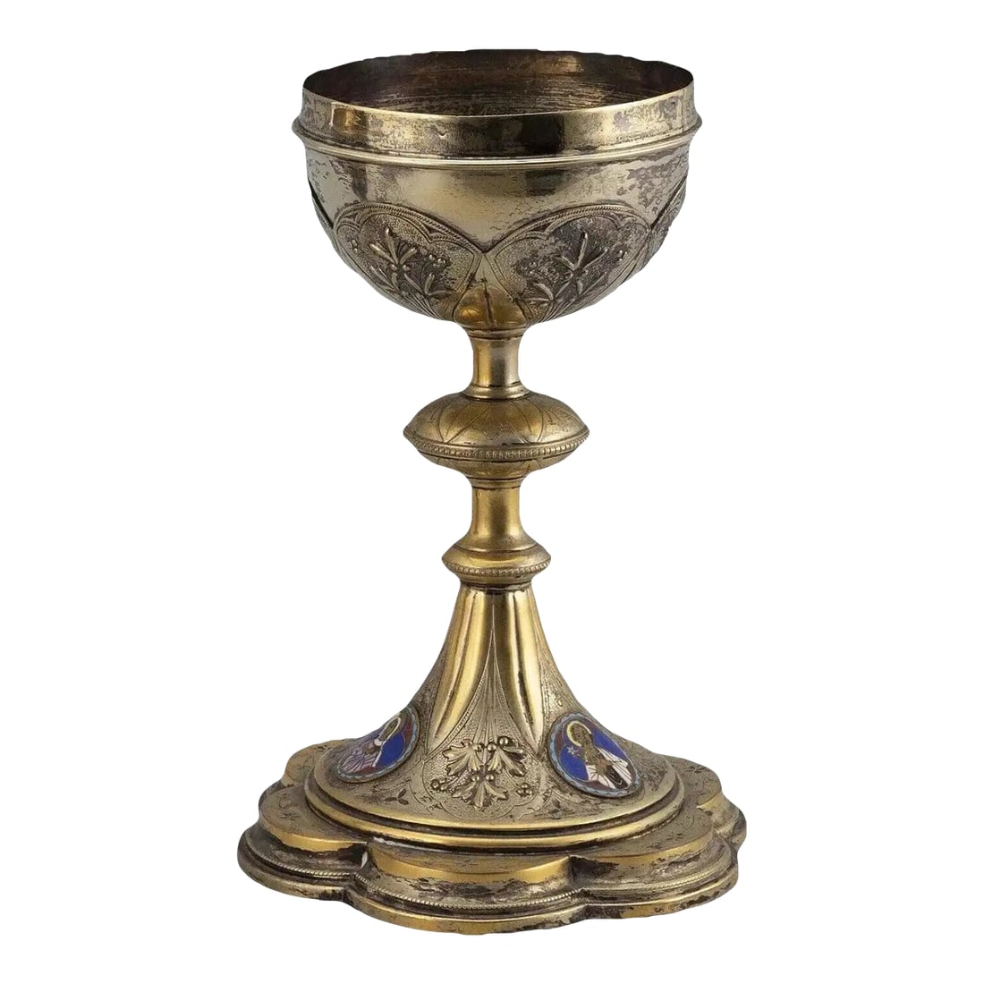19th Century French 950 Silver Gilt and Enamel Signed Chalice Ciborium Cup: FRENCH .950 SILVER-GILT AND ENAMEL CIBORIUM Maker's mark rubbed. Underside marked for Bennard, Rue Ferou, Paris. Enameled depictions of Christ, the Virgin Mary and St. Francis on the spreading foot. H